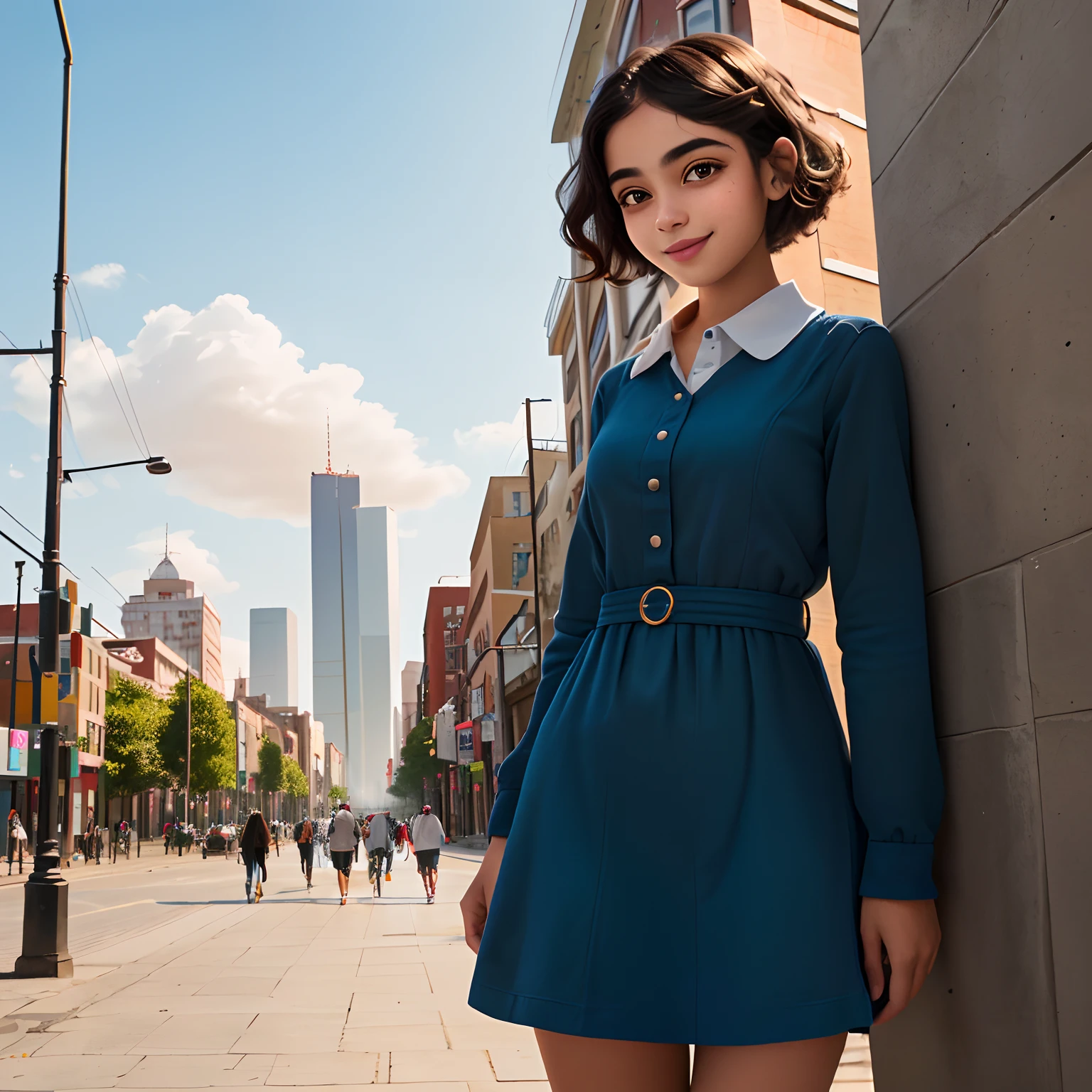 menina negra, adolescente, Vestido longo, sorriso claro, ao ar livre, turbante, Seu cabelo esta preso, tom azul claro e preto, corpo inteiro, The background is filled with an urban tone of the city, evoking a sense of lightness and happiness.