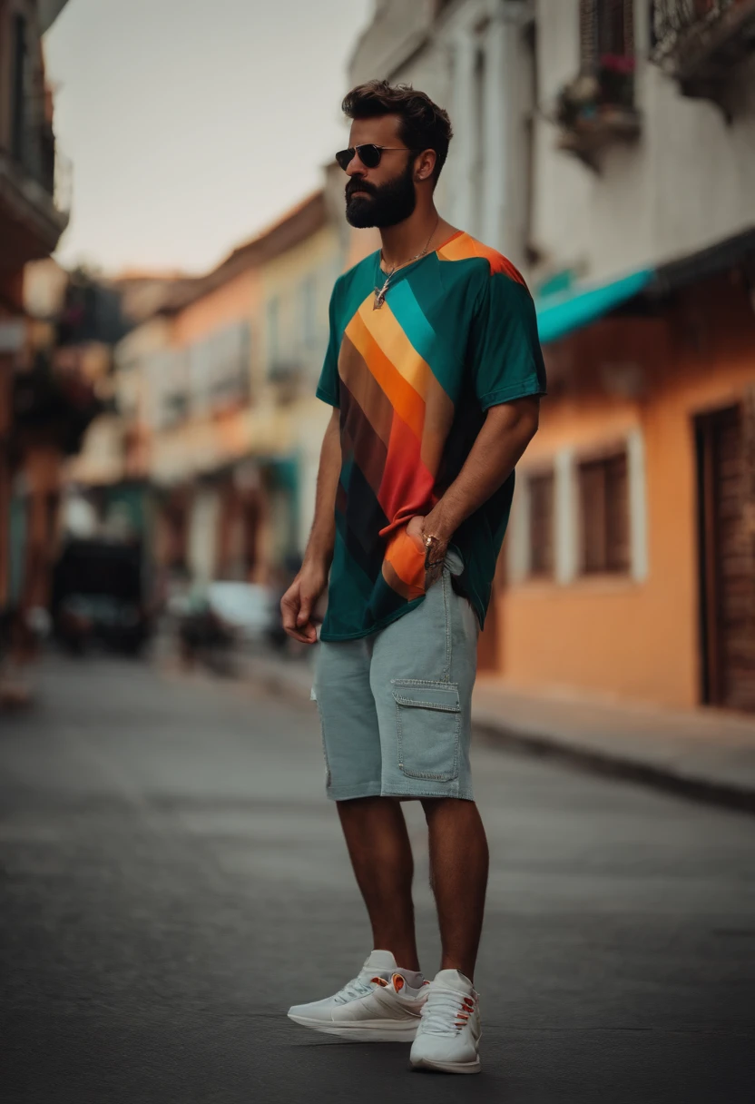 Homem na rua barba , camiseta,short,sneaker