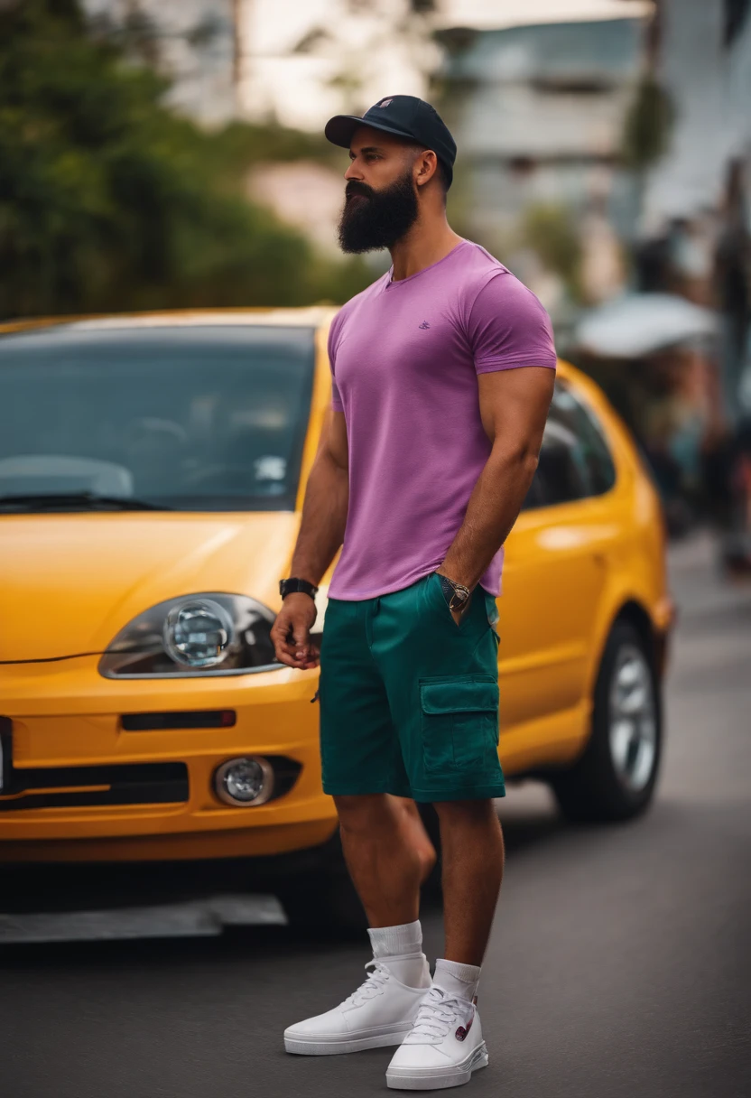 Homem na rua barba , camiseta,short,sneaker