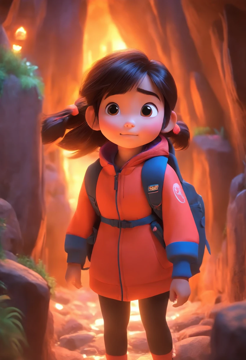 (Pixar style),Five-year-old Chinese girl,A terrifying cave,backpacks,Miniature character model, Realistic proportions, Post-processing, ((Orthogonal perspective)), Super detail, Realistic, Super realistic, photoreal render,