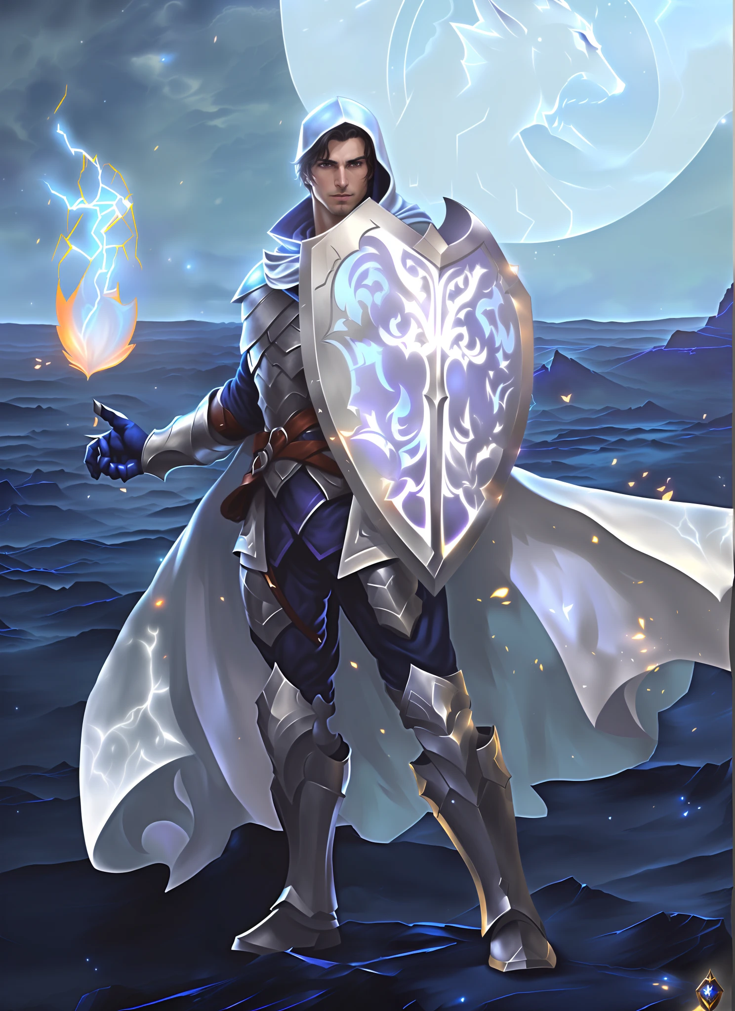 there is an arcane handsome man in light ethereal battle armor with a hood, holding a shield and casting an arcane spell, Full-length portrait of the magic knight, a human male paladin, Arsen Lupine as a paladin, cleric, dnd, epic, rpg, fantasy, hero hd 4k, warrior of light and twilight