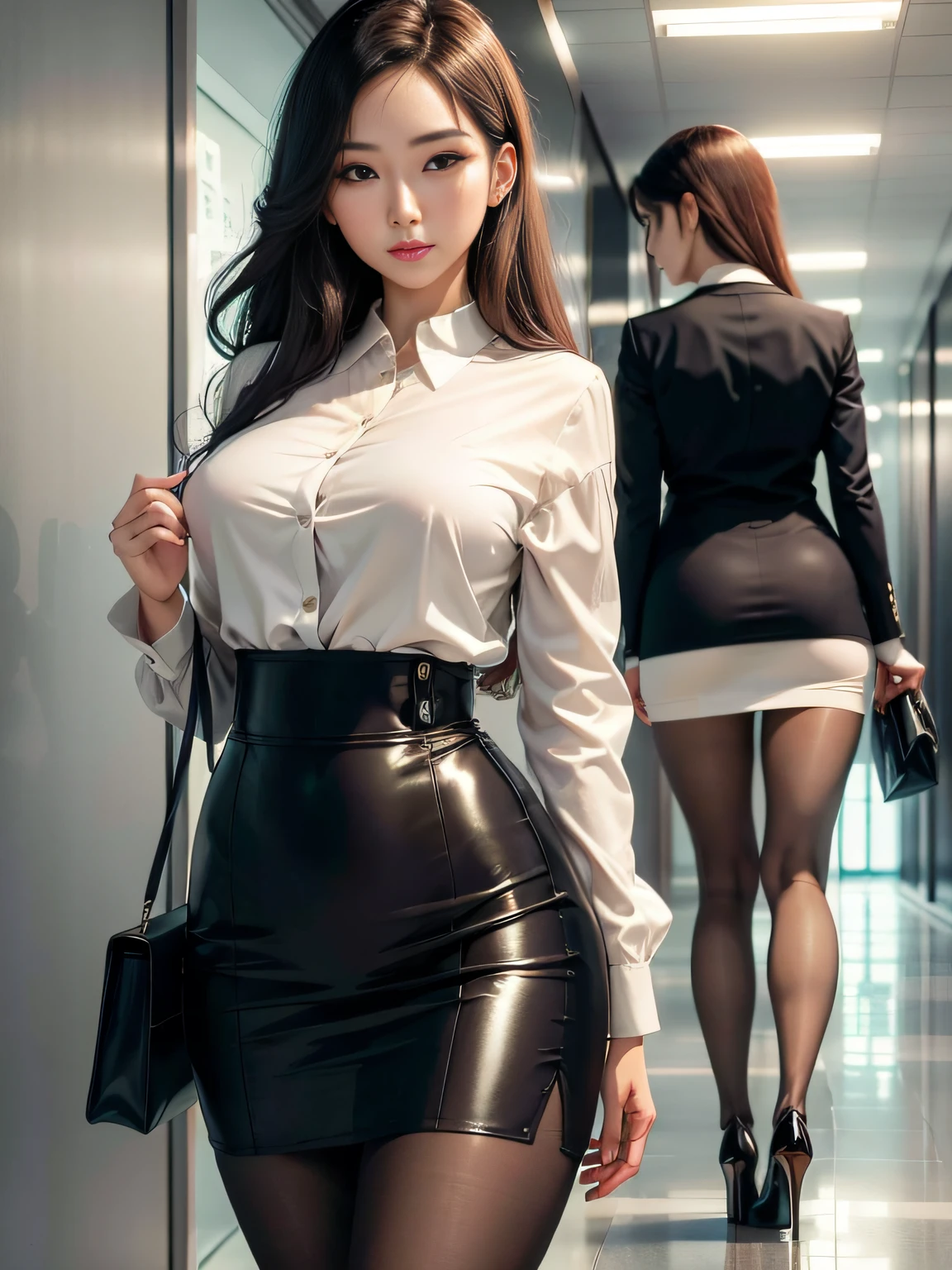 ultra-detailliert、masterpiece、top-quality、超A high resolution、8K、high-level image quality、Real live-action、Photogenic clarity、A detailed eye、gradients、perfect anatomy body proportions ,hard disk、nffsw , Nikon Z9 80mm Lens 、masutepiece、Beautiful Female Teacher, Skirt and thighs、20yr old、Walking along the corridor、Office Clothes, Wearing a luxury silk blouse, (Wearing pantyhose,Realistic Pantyhose)、Wear pantyhose over panties、Panties are pink、Elegant slim beige blouse, japanaese girl, Neat and clean Japan woman, goddess of Japan, business clothes, Business attire, wearing in shirt, businesswoman, Silk, cream colored blouse, Wearing an ultra-thin shirt, silky garment, wearing business casual dress, Wearing a business suit, business outfit, formal clothes、super detailing, realistic skin textures, Detail Face, Beautiful detail eyes, make - up、Sparkling eyes、shiny lip、high-heels、Half body shot、