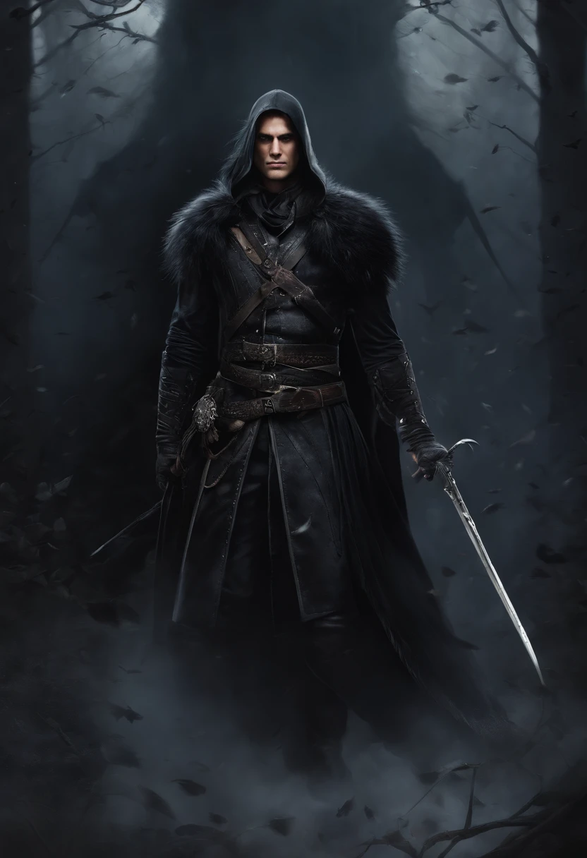 Um homem bonito de cabelos pretos vestindo roupas sombrias como um assassino, He is a rascal with feathers on his clothes in the middle of the valley of dark death, he's the villain of an RPG he's wearing dark medieval clothes; Use tons escuros;, The image has to portray the essence of a villain and the essence of the crow, it's inspired by crows, its dark essence through a medieval RPG art Conceptual Game Art