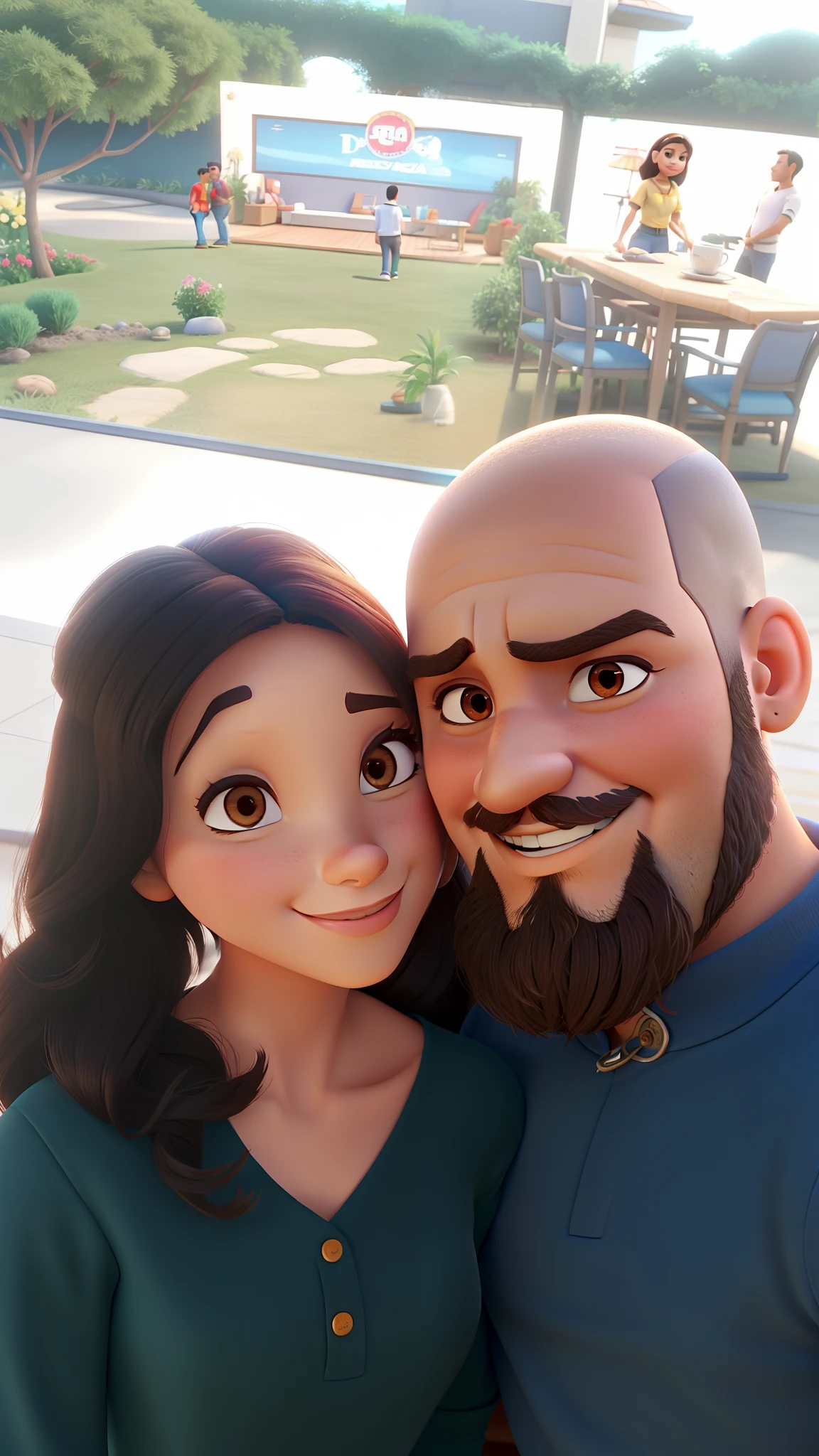 Casal homem careca e mulher morena estilo Disney Pixar, alta qualidade, melhor qualidade