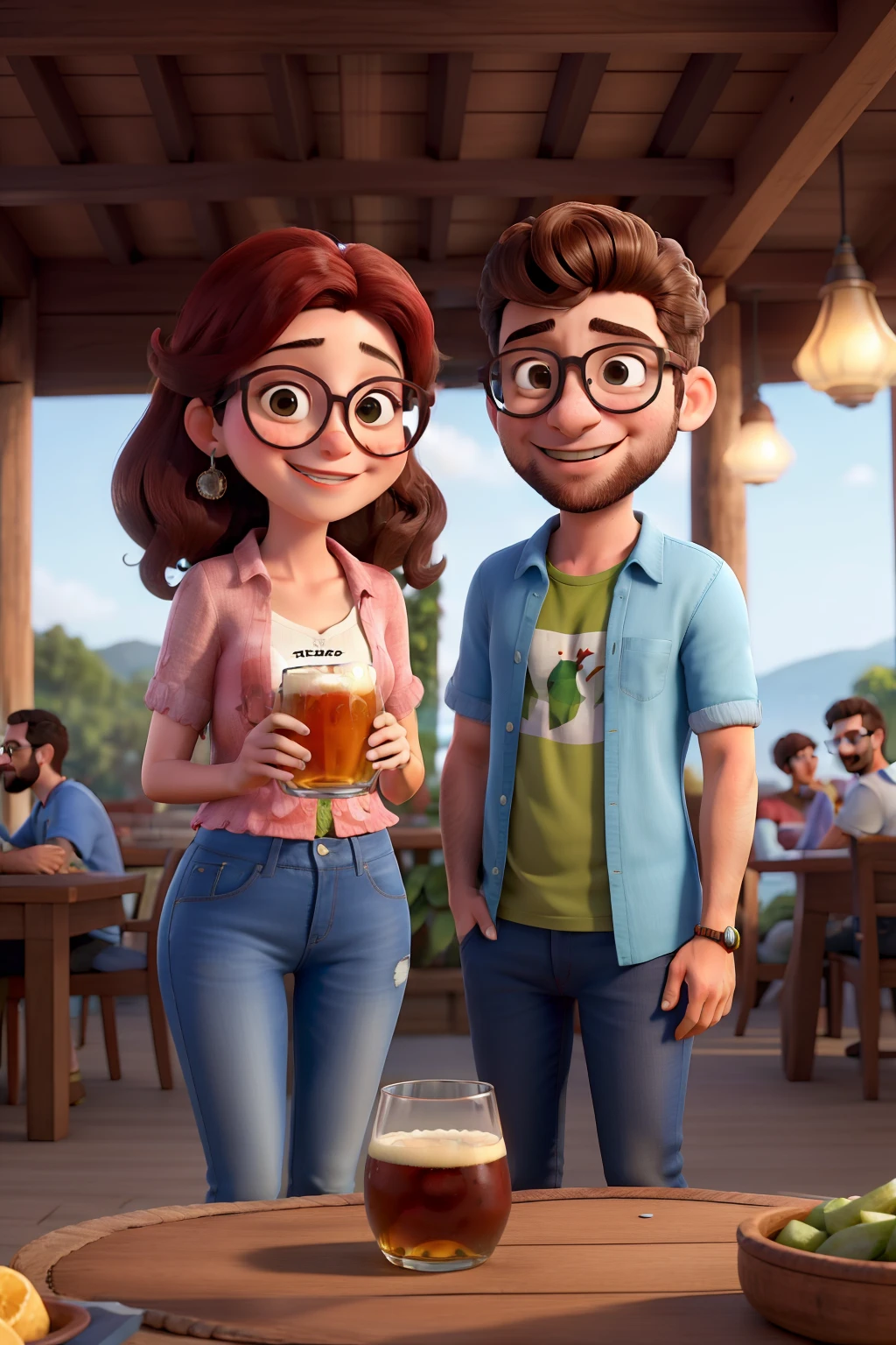Casal tomando cerveja, ele grisalho moreno de blusa vinho, She's wearing glasses, cabelo liso e blusa branca, os dois sorrindo