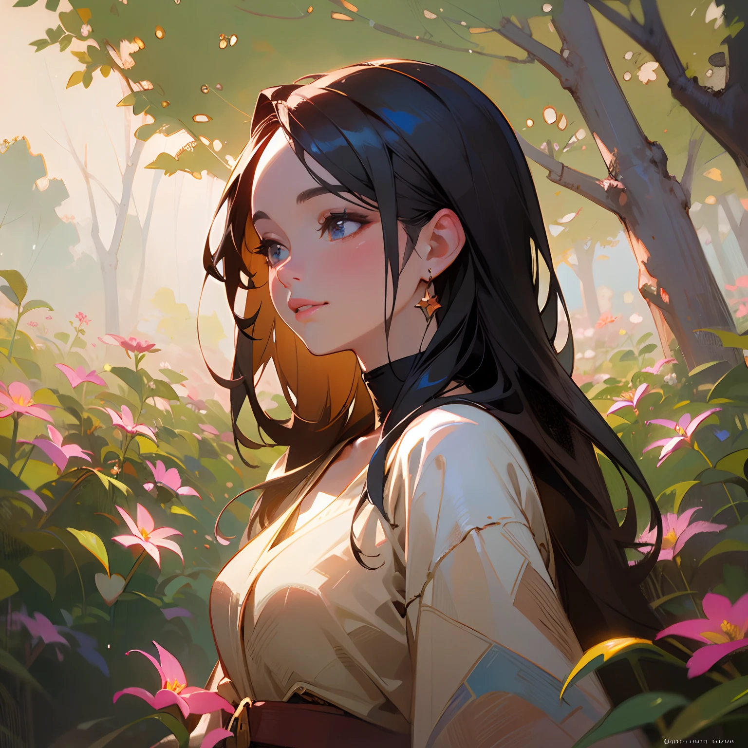 best quality,ultra-detailed,portrait,beautiful detailed eyes,beautiful detailed lips,longeyelashes,traditional oil painting,soft lighting,vivid colors,fine brushstrokes,detailed background,woman in a red dress,standing in a garden with blooming flowers,peaceful and serene,subtle smile,backlit by the setting sun,sparkling in the sunlight,expressive brushwork,sunlit trees casting shadows on the ground,creating a sense of depth and dimension,fluid and textured brushwork,immersive and realistic,with a touch of romanticism.