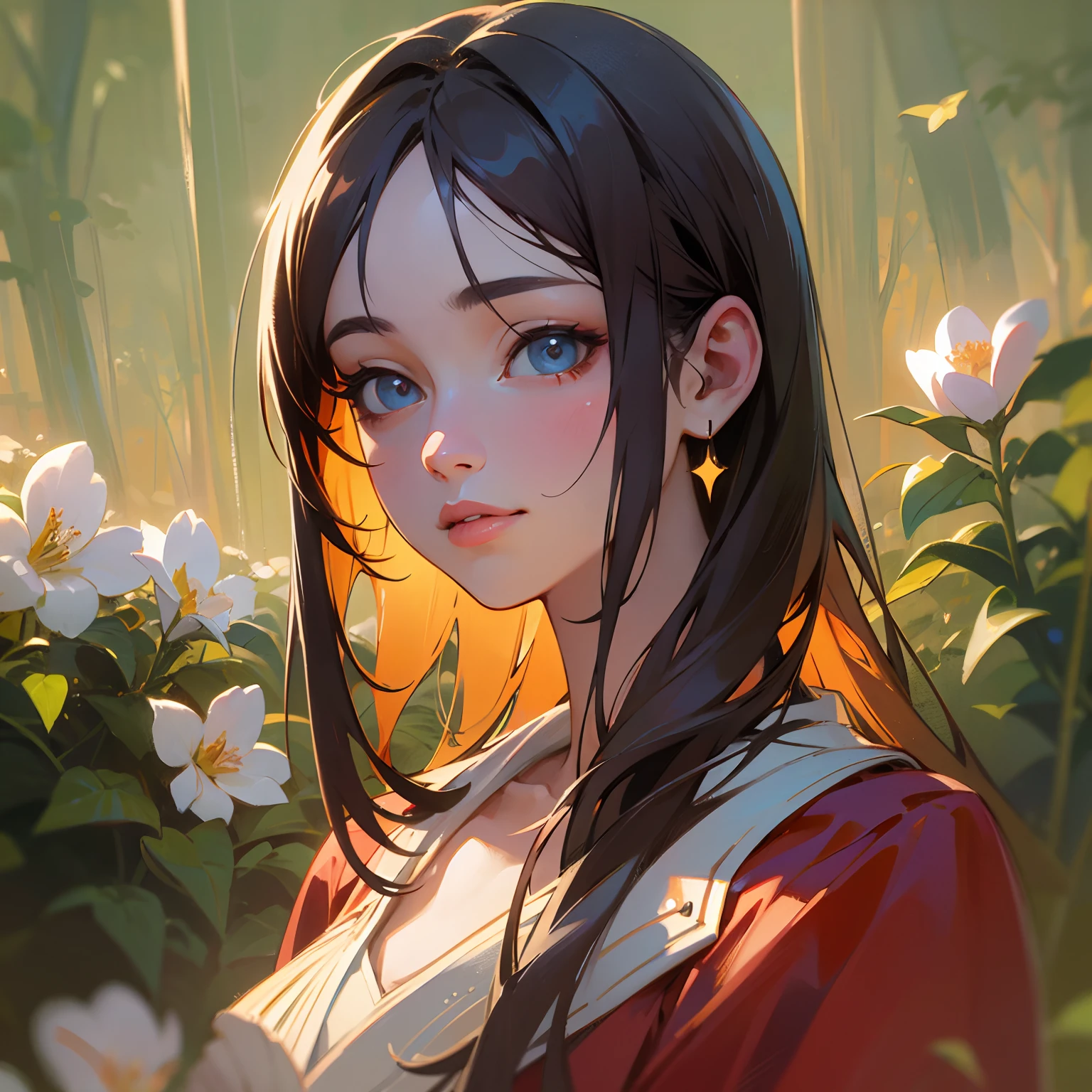 best quality,ultra-detailed,portrait,beautiful detailed eyes,beautiful detailed lips,longeyelashes,traditional oil painting,soft lighting,vivid colors,fine brushstrokes,detailed background,woman in a red dress,standing in a garden with blooming flowers,peaceful and serene,subtle smile,backlit by the setting sun,sparkling in the sunlight,expressive brushwork,sunlit trees casting shadows on the ground,creating a sense of depth and dimension,fluid and textured brushwork,immersive and realistic,with a touch of romanticism.