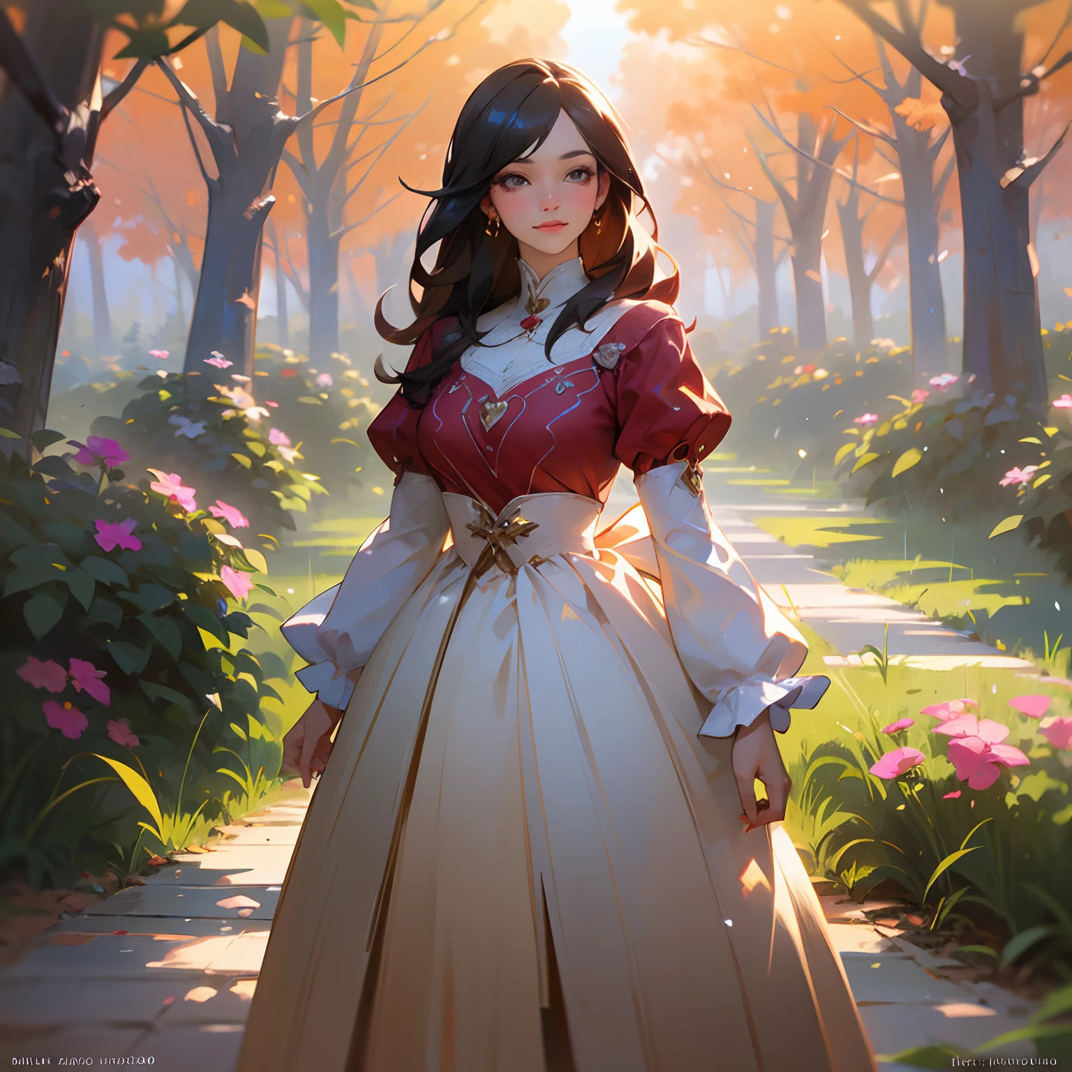 best quality,ultra-detailed,portrait,beautiful detailed eyes,beautiful detailed lips,longeyelashes,traditional oil painting,soft lighting,vivid colors,fine brushstrokes,detailed background,woman in a red dress,standing in a garden with blooming flowers,peaceful and serene,subtle smile,backlit by the setting sun,sparkling in the sunlight,expressive brushwork,sunlit trees casting shadows on the ground,creating a sense of depth and dimension,fluid and textured brushwork,immersive and realistic,with a touch of romanticism.