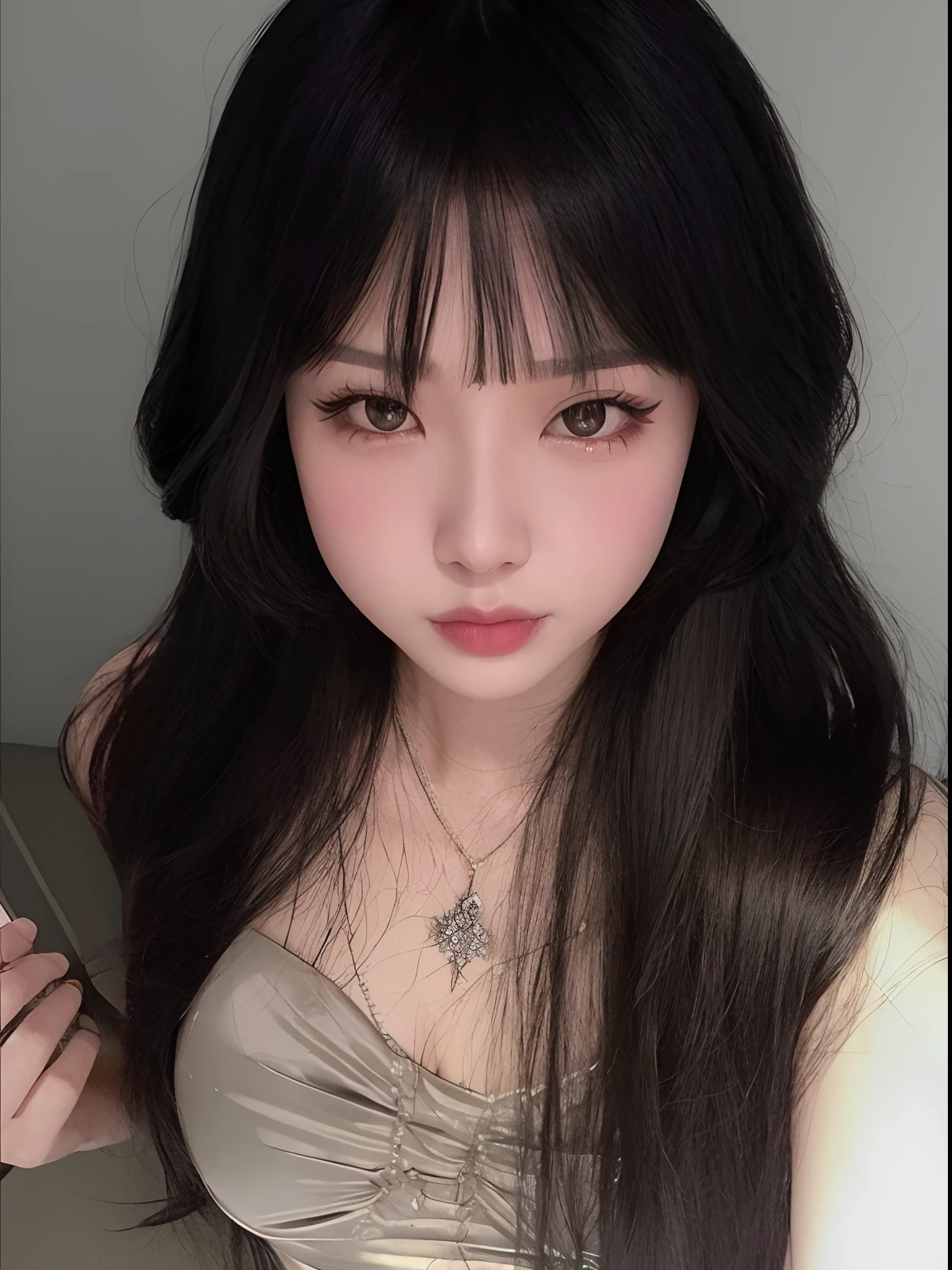 Araffe Asian woman with long black hair and a necklace holding a knife, Ulzzang, Ela tem cabelo preto com franja, com cabelos longos e olhos penetrantes, cruel korean goth girl, cabelo arrumado com franja, cabelos escuros longos com franja, cabelos longos com franja, preto hime corte cabelo, cabelos pretos e olhos grandes, franja fofa, cabelo preto longo com franja