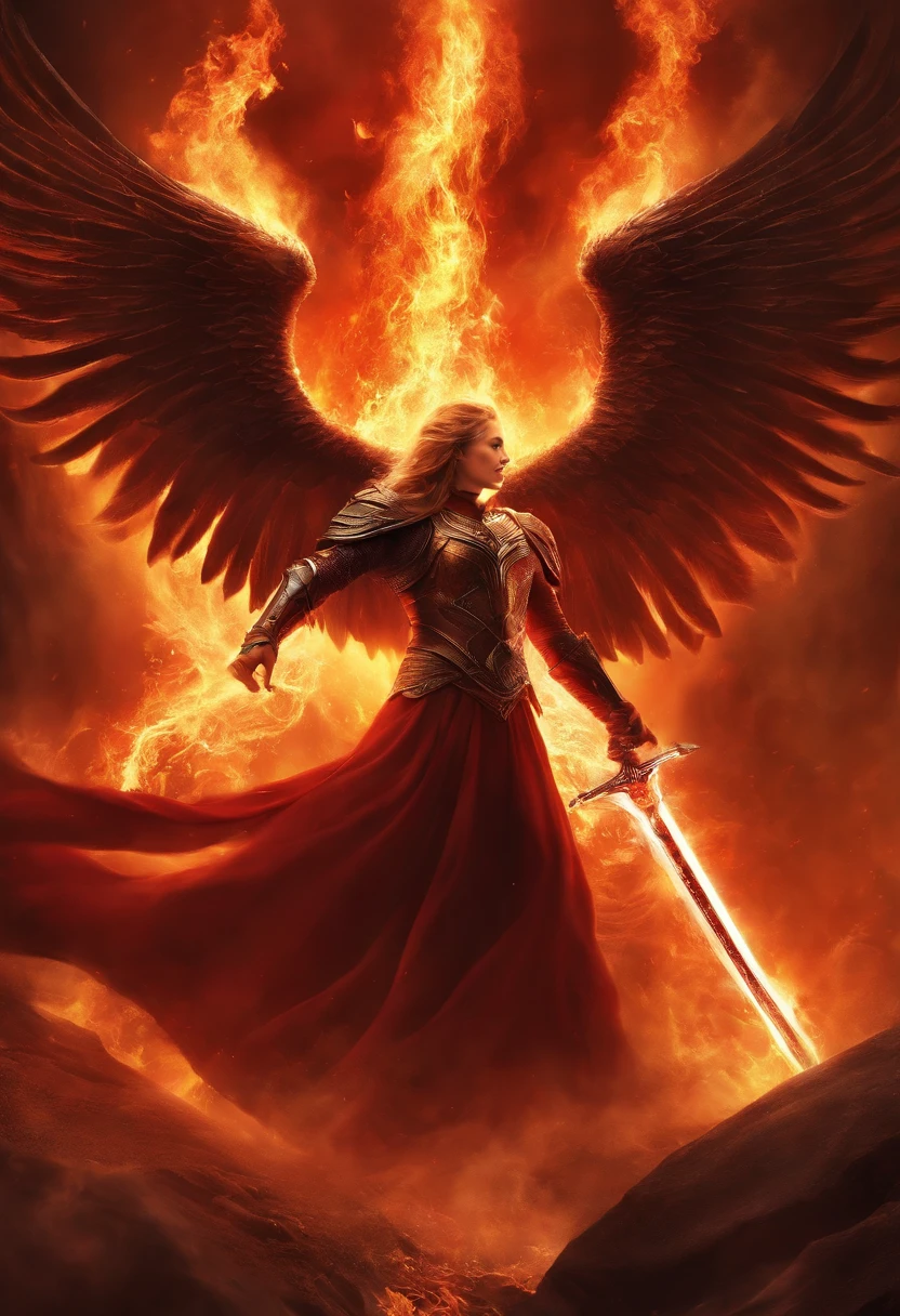 Description: Long Words Phoenixfire, With a blade of molten red flame., Standing inside the heart of a scorching inferno. The environment glows with relentless heat and rebirth as the fiery aura of the sword fills the fiery sanctuary.. Its gesture refers to the long cycle of fiery resurrection and the connection of weapons with Phoenix's burning passion.. Dance flames in an eternal show of searing power.. Hyper-Realistic ,photo-realistic, Realistic
