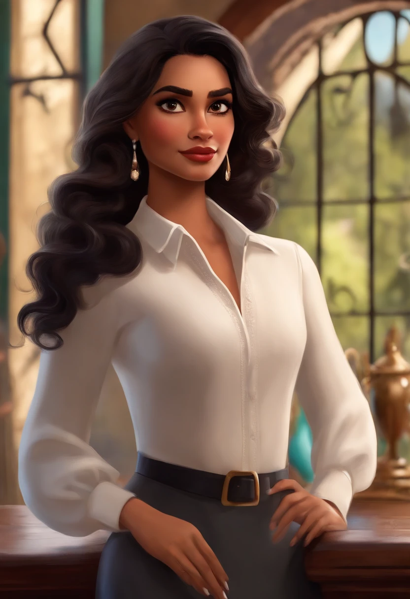 Post Disney Pixar.  The person is a beautiful young woman, cabelo preto medio liso ondulado, olhos castanho, morena, Dressed in a white blouse and blaiser in Marçala