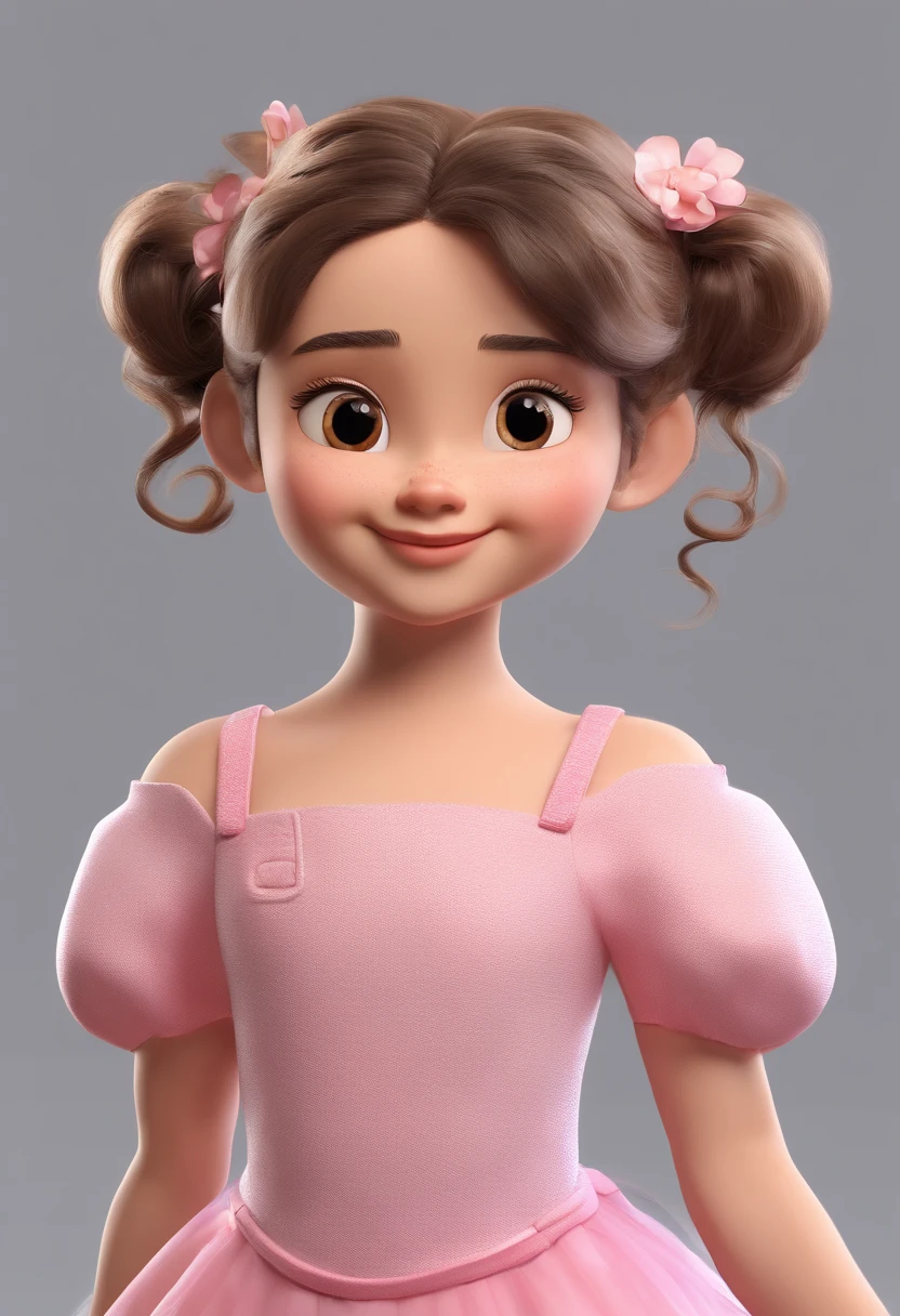 Imagem de uma menina para uma de pele morena clara com cabelo cacheado castanho na altura dos ombros em formato Pixar, She's the little ballerina He's outgoing , sorridente , tem uma covinha na bochecha direita e olhos castanhos