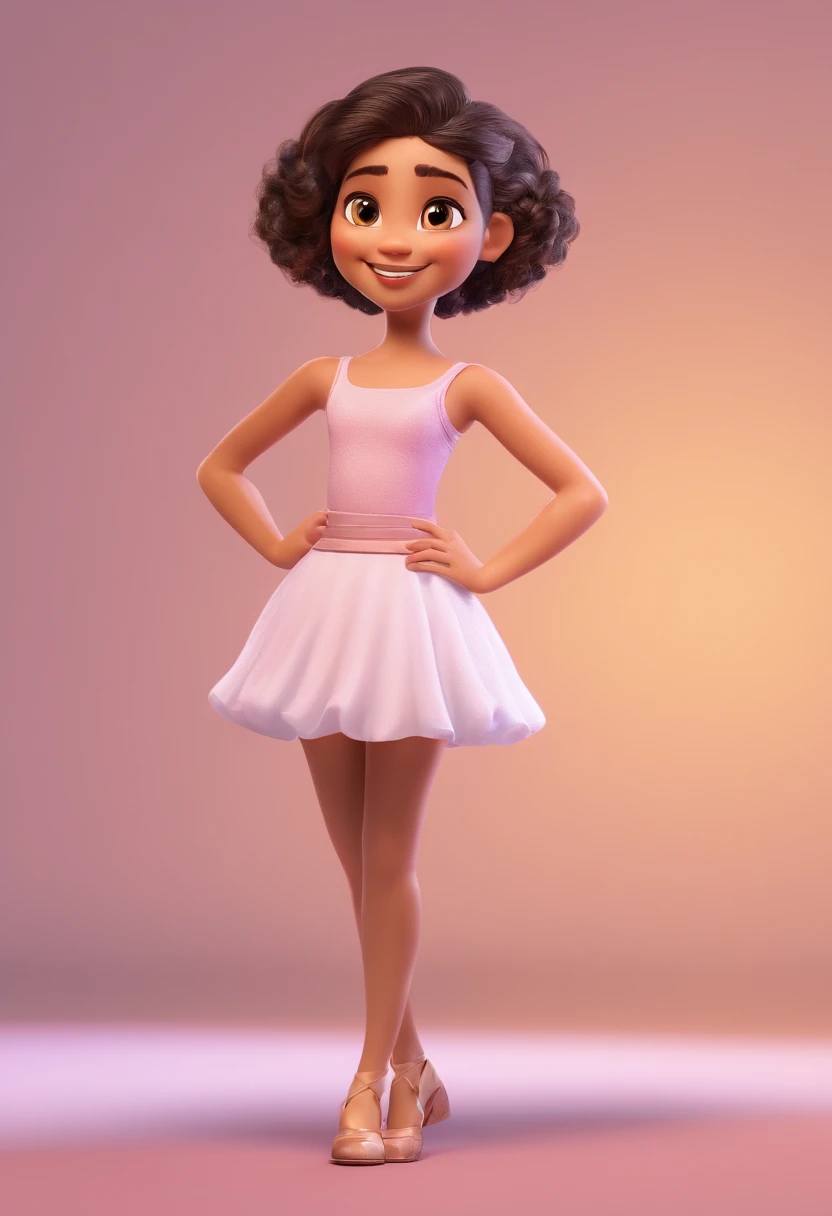 Imagem de uma para uma de pele morena clara com cabelo cacheado castanho na altura dos ombros em formato Pixar, She's the little ballerina He's outgoing , sorridente , tem uma covinha na bochecha direita e olhos castanhos
