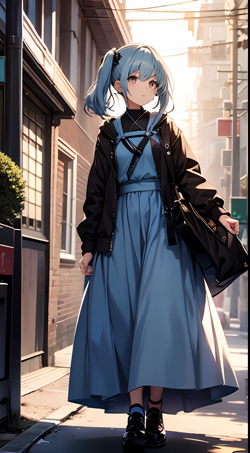 girl with、long  skirt、blue hairs、poneyTail、