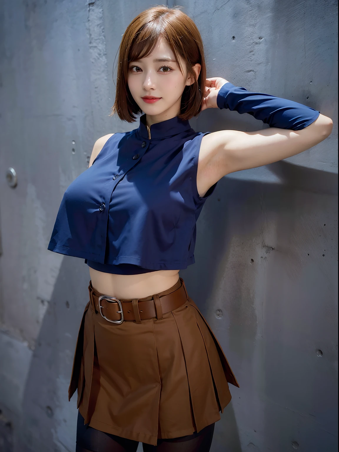 belt, brown belt, brown pantyhose, crop top, crop top overhang, jujutsu tech uniform, pantyhose, blue pleated skirt, shirt tucked in, skirt, (blue skirt), blue crop top,(large breasts;1.2), seductive smile, short cut