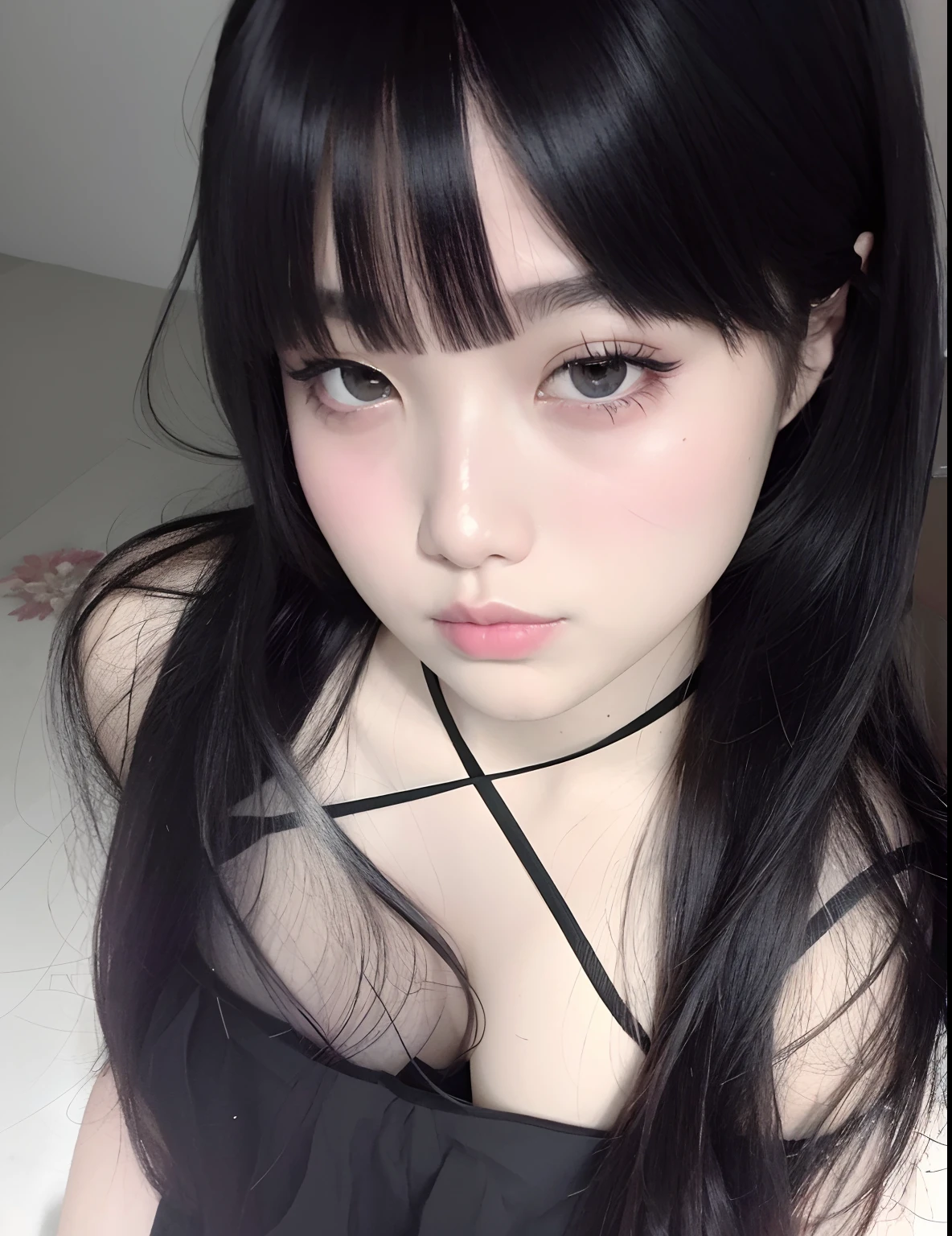 um close up de uma mulher com longos cabelos pretos usando um vestido preto, cruel korean goth girl, coreana, Ulzzang, 18 anos, meninao-fino-cara, Beautiful Asian girl, young cute wan asian face, pale fair skin!!, pale goth beauty, Asian girl, 1 6 anos, rosto bonito claro