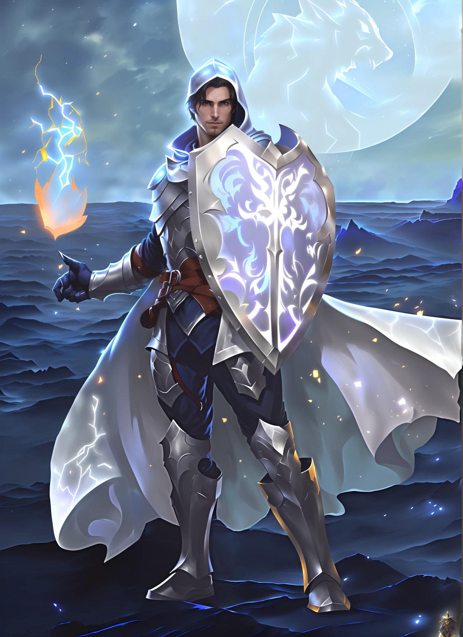 there is an arcane handsome man in light ethereal battle armor with a hood, holding a shield and casting an arcane spell, Full-length portrait of the magic knight, a human male paladin, Arsen Lupine as a paladin, cleric, dnd, epic, rpg, fantasy, hero hd 4k, warrior of light and twilight