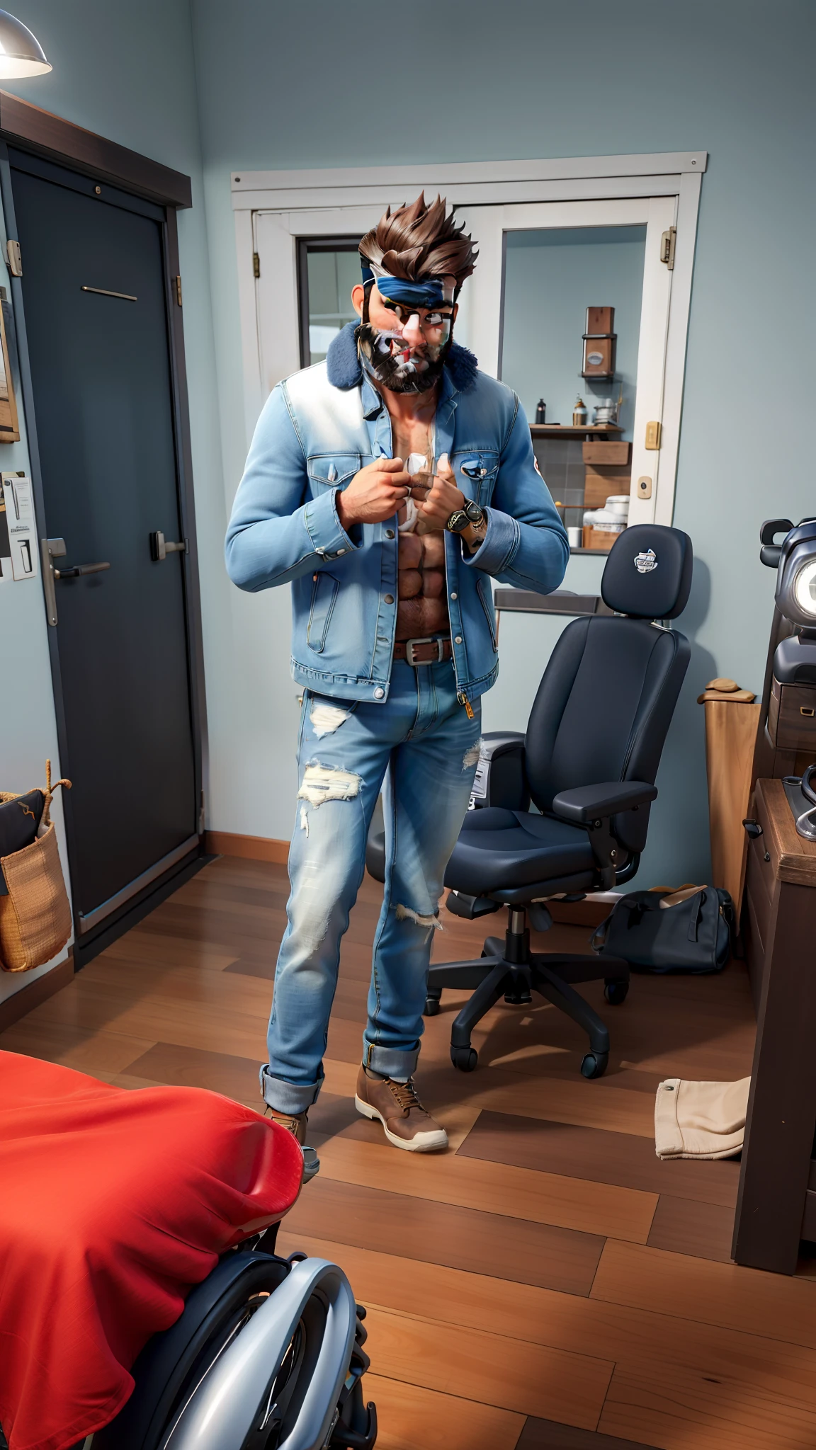 master part, best quality, um velho com barba branca e longos cabelos castanhos, vestindo uma jaqueta de couro e jeans preto, ao lado de sua motocicleta
