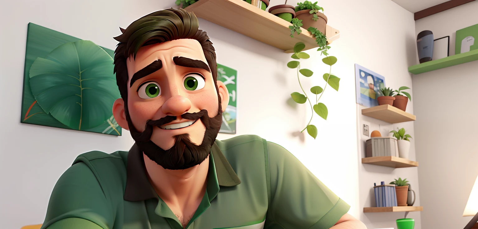rapaz de barba e cabelos pretos, olhos pretos e camisa verde em uma sala com planta
