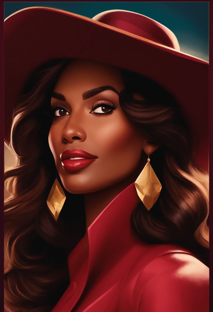 Disney Pixar poster about a brown-skinned woman with brown wavy hair wearing a burgundy hat (estilo Carmen Sandiego). She's inside a frame/ moldura de madeira. Do lado de fora luzes e lamparinas. Disney pixar