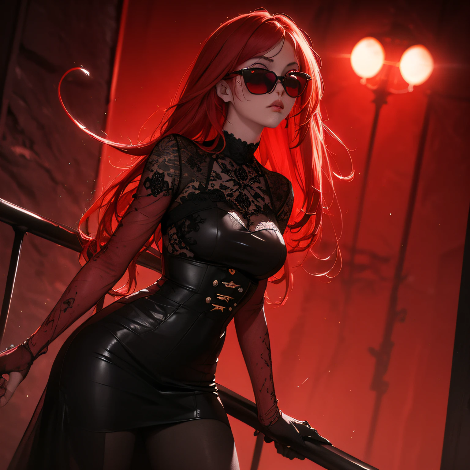 ""Uma mulher com longos cabelos loiros e ruivos nas pontas"" por Yang J, ""gothic art"", Monochromatic and red-colored bleeding from ((only the Red Kitten Sunglasses)), Fixar no anime, (""corte na sobrancelha, e percing no nariz"") (((Detalhes em neon vermelho, em um dia ensolarado)))