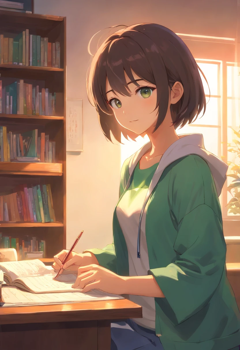 a melhor qualidade, high resolution, CG 4K detalhado, obra prima, awesome art, Detalhes finos, Altos detalhes, Detalhes complexos, , olhos verdes, Feminine Sensation, olhos grandes, desejo puro, majo, Young and Friendly,  voador ,, Luz e sombra, luz，Roupas bonitas, mulher linda loira estudando, um quarto moderno, cheio de livros, cachorro deitado