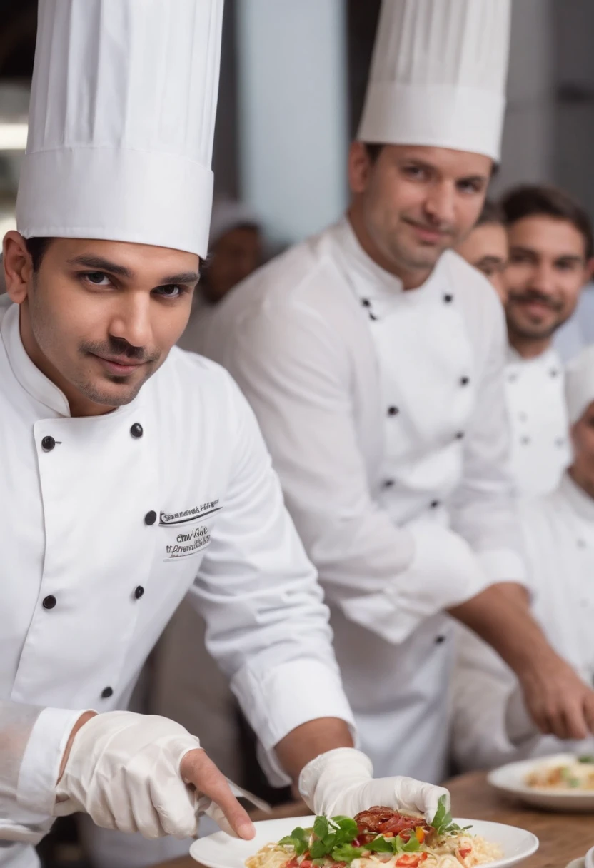 Equipe de chef indiano em frente ao restaurante, 5 Chefs, wearing white chef hat, wear hand gloves, competition winning, Artistic poses, Multiple Chefs, tema escuro, fundo escuro, Not brilliant