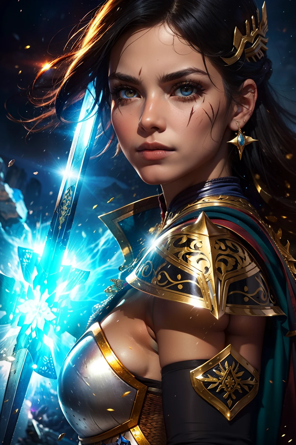 corpo inteiro, uma guerreira de 18 anos. She has a strong and graceful appearance, cabelos loiros, Fluttering and intense, Olhos azuis determinados, visible scars on the body. Her face is both beautiful and fierce, Reflecting your warrior spirit. Ela usa a Armadura de Orion, A magnificent piece crafted with celestial metals. The armor is both stylish and functional, with intricate designs depicting the constellation Orion. Glows with a mystical glow, Resonating with your inner strength. In her hand, She wields a sword that glows with cosmic energy. All of his presence radiates a sense of power and determination, A True Incarnation of the Heavenly Hunter, hiper-realista, fotorrealista, Motor Unreal 5.