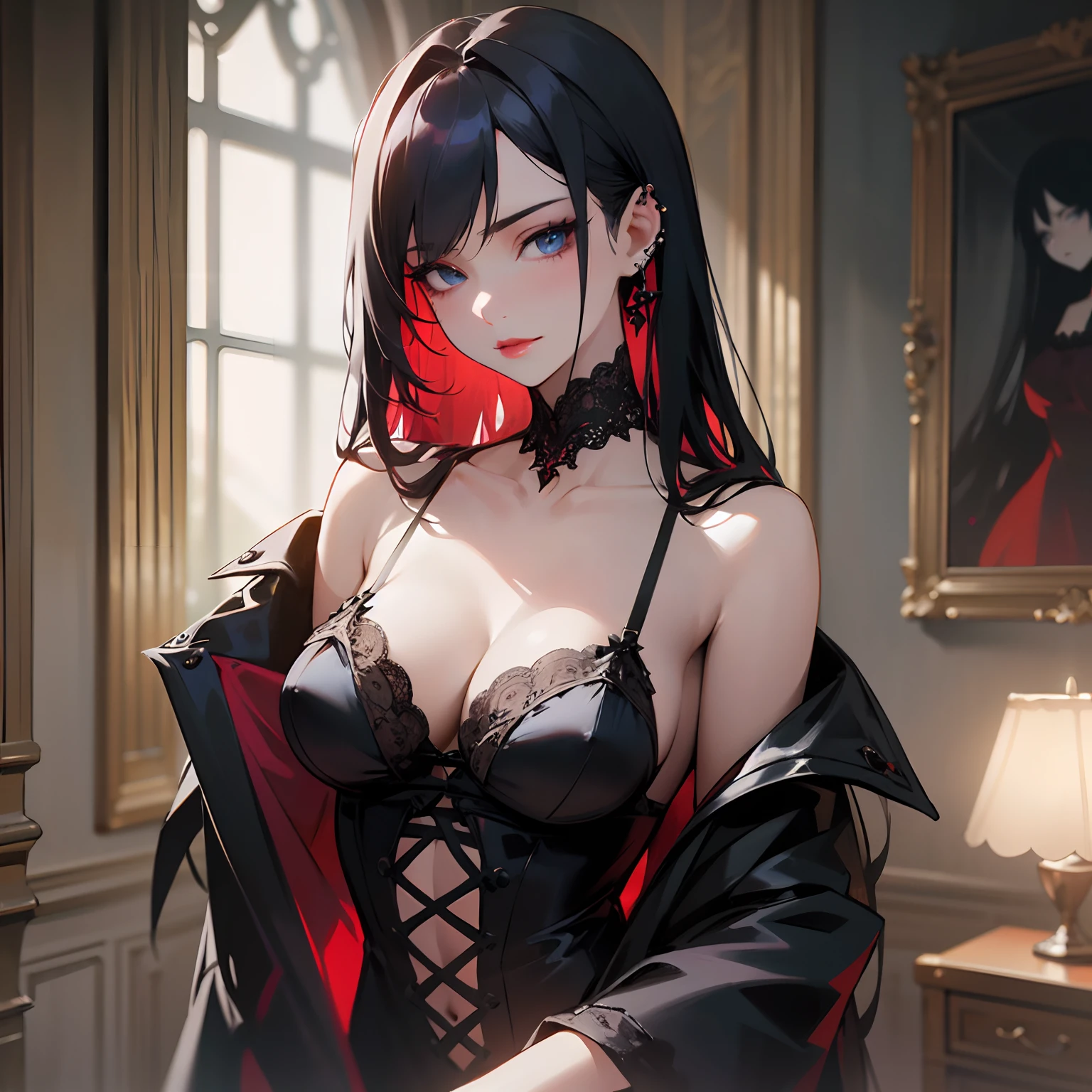 a girl with flowing black hair, piercing blue eyes, and full red lips, dressed in a seductive black lace lingerie, standing in a dimly lit room. She exudes confidence and sensuality, with an intense gaze that captivates anyone who looks at her. The room is adorned with antique furniture and velvet drapes, creating a gothic and luxurious atmosphere. The walls are painted in dark hues, enhancing the mysterious and seductive ambiance. The lighting is soft and warm, casting subtle shadows on the girl's flawless skin. The image is of the highest quality, with exquisite details that showcase the intricate lace patterns on her lingerie and the delicate features of her face. The overall color tone is deep and intense, with a touch of crimson to add drama. The prompt aims to create a provocative and alluring image with a hint of darkness, emphasizing the woman's beauty and confidence. (best quality, highres), (black lace lingerie), (gothic aesthetic), (intense gaze), (dark ambiance), (exquisite details), (seduction), (mysterious atmosphere), (soft lighting), (crimson color palette).