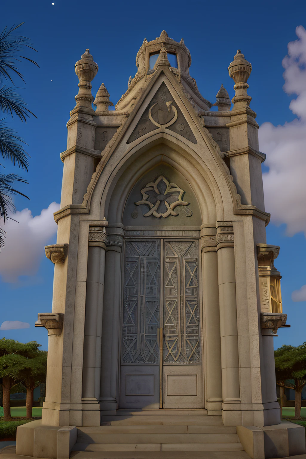 Mausoleum, durante a noite, encoberto por uma nevoa vermelha e uma coruja pousada no topo