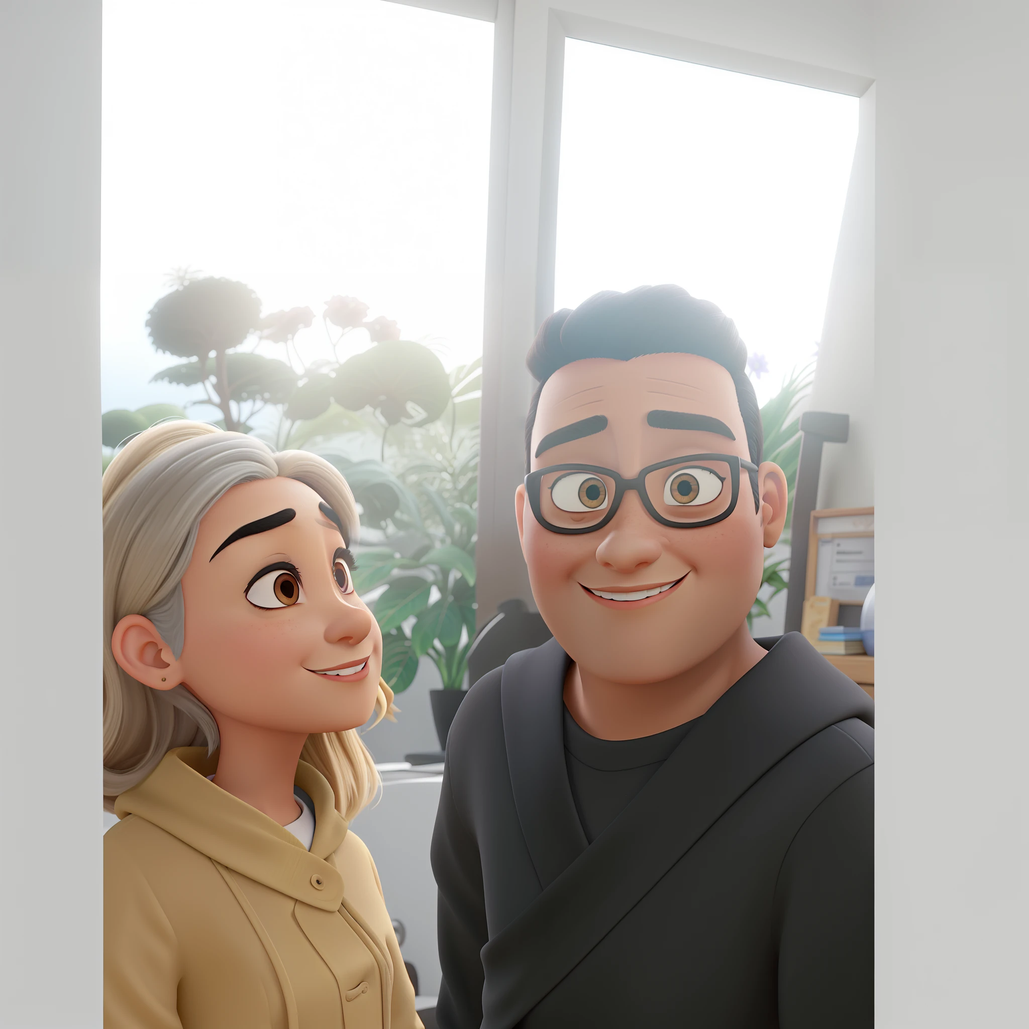 Uma mulher loira, e um homem negro de olhos estilo oriental estilo mundo pixar, alta qualidade, melhor qualidade