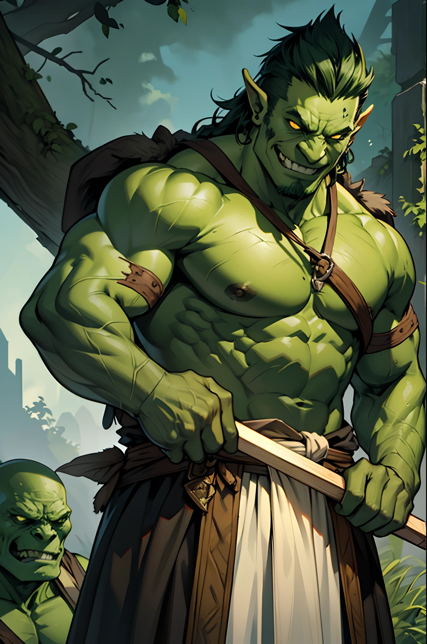 Good Orc, Ax , green orc, warrior, Dark green skin color, very kind, cheery , in full height, Race orc., blunt face, A kind face, Smiling, Dark green hands, Completely dark green skin color, D&D.