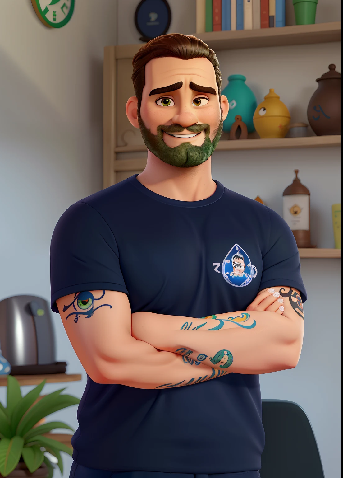 Personagem da Disney, de pele clara, olhos verdes, cabelo loiro escuro amarrado, Tattoo on arm and with crossed arms. Na face pouca barba e mais bigode, com leve sorriso no rosto e camiseta toda preta com uma mandala no canto
