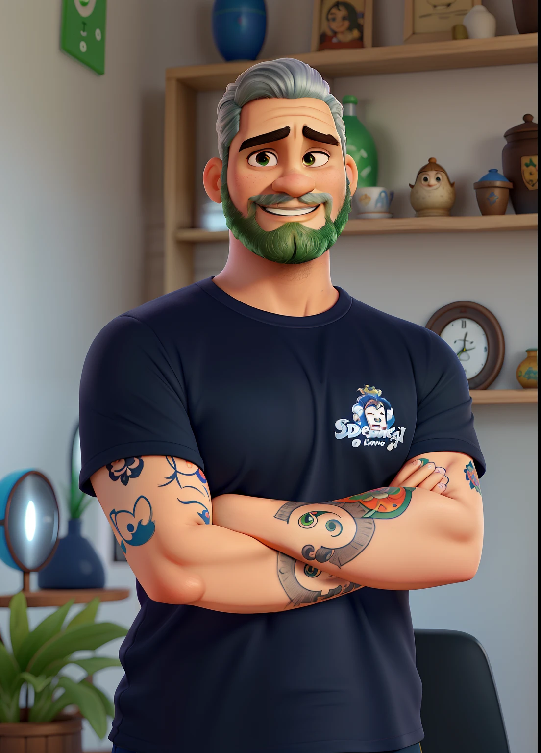 Personagem da Disney, de pele clara, olhos verdes, cabelo loiro escuro amarrado, Tattoo on arm and with crossed arms. Na face pouca barba e mais bigode, com leve sorriso no rosto e camiseta toda preta com uma mandala no canto