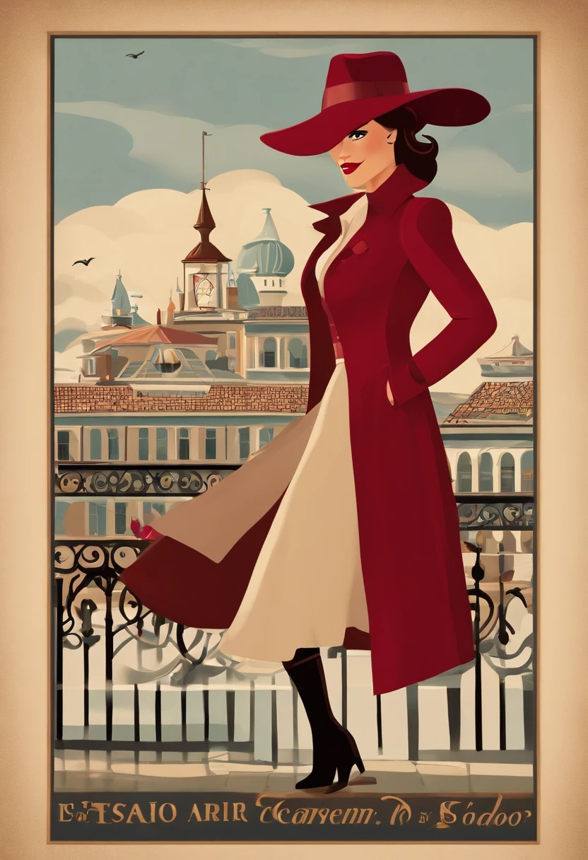 Disney Pixar poster about a white-skinned woman with wavy brown hair wearing a burgundy hat ( estilo Carmen Sandiego). She's inside a frame/ moldura de madeira. Do lado de fora luzes e lamparinas. Disney pixar