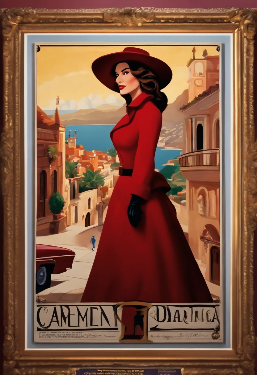 Disney Pixar poster about a white-skinned woman with wavy brown hair wearing a burgundy hat ( estilo Carmen Sandiego). She's inside a frame/ moldura de madeira. Do lado de fora luzes e lamparinas. Disney pixar