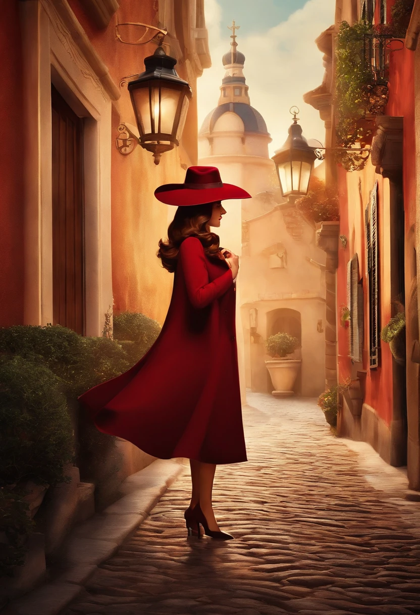 Disney Pixar poster about a white-skinned woman with wavy brown hair wearing a burgundy hat ( estilo Carmen Sandiego). She's inside a frame/ moldura de madeira. Do lado de fora luzes e lamparinas. Disney pixar