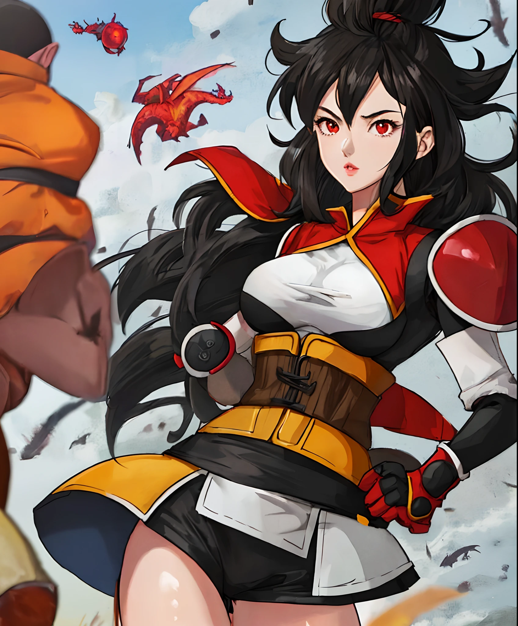 1girl, sexy, balck hair, long hair, medium breasts, red eyes, clothes black, dragon ball heroes, large eyes