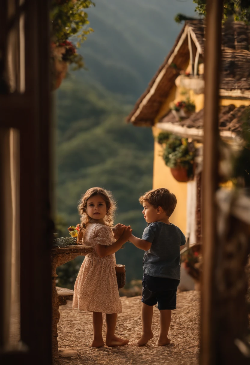 menino: Miguel, aproximadamente 5 anos de idade, cabelo curto estilo Disney, olhos castanhos e sorrisos. garota: Giovana, 2 anos, longos cabelos pretos e olhos azuis. scenecy: Miguel and Giovana are in a cozy little house in the valley, ao fundo um dia ensolarado, Destacando o Sol.