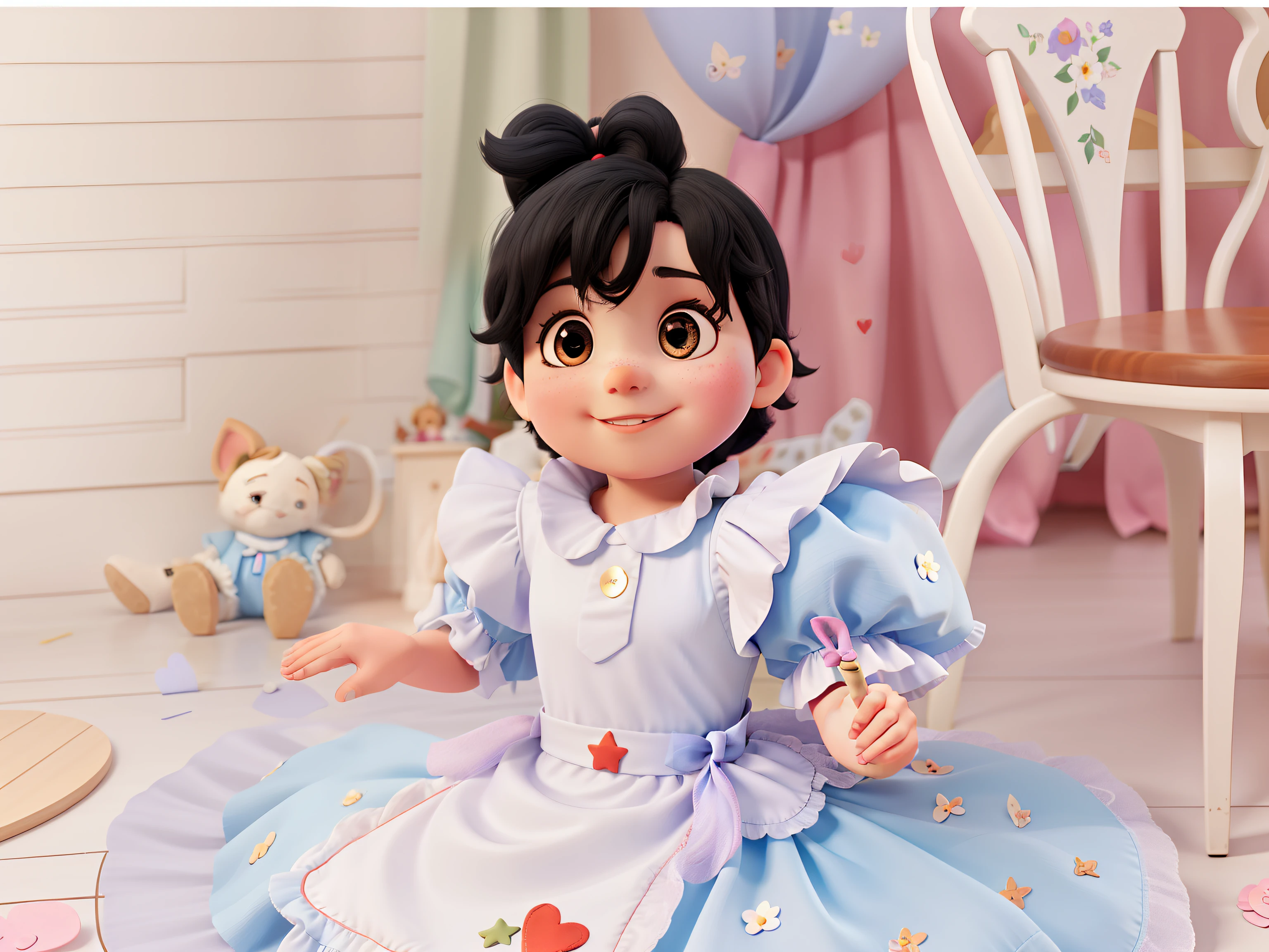 A very black-haired  in an Alice in Wonderland dress.