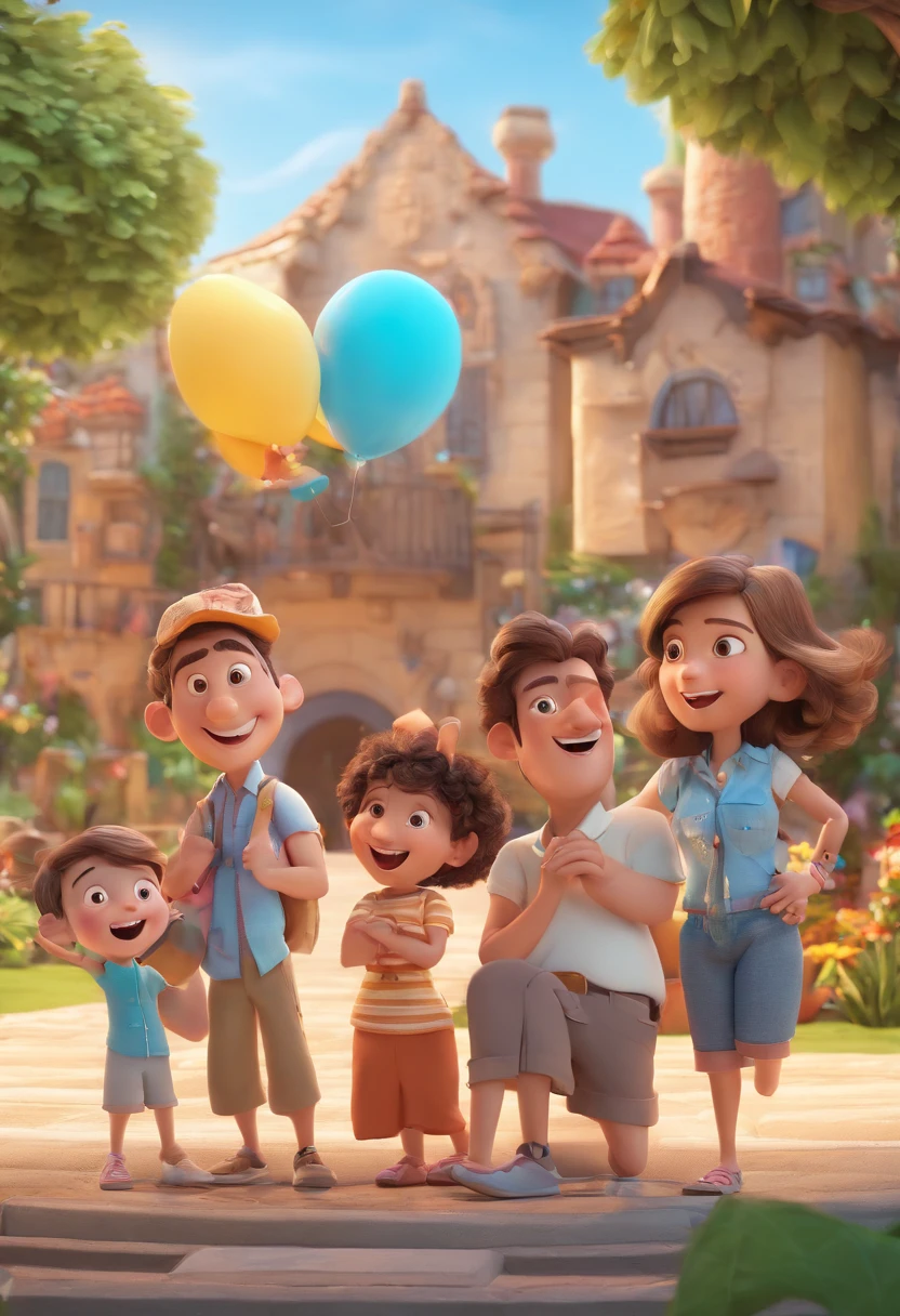 Cartoon of family having fun on vacation together,  3D Animation Movie Poster, Poster de filme animado, pixar 3 d animation style, pixar renderman rendering, maia 8 mil, animated film, Disney Pixar Estilo 3D, Happy family hang out together, all wearing light blue shirts and cream brown long pants, camisa azul clara, cream brown pants, ao ar livre, vacation, Disney Pixar Animation Poster