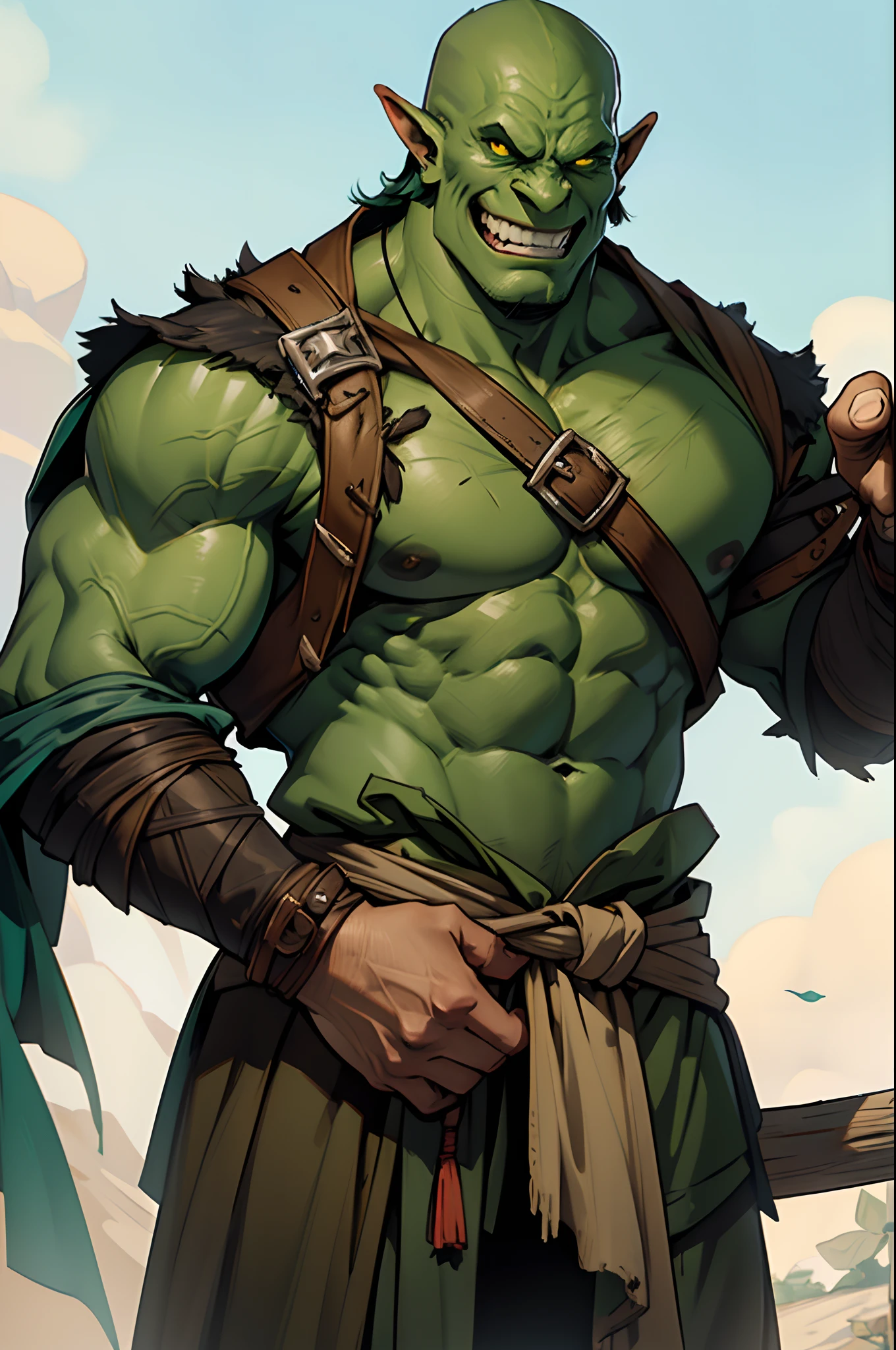 Good Orc, Ax , green orc, warrior, Dark green skin color, very kind, cheery , in full height, Race orc., blunt face, A kind face, Smiling, D&D.