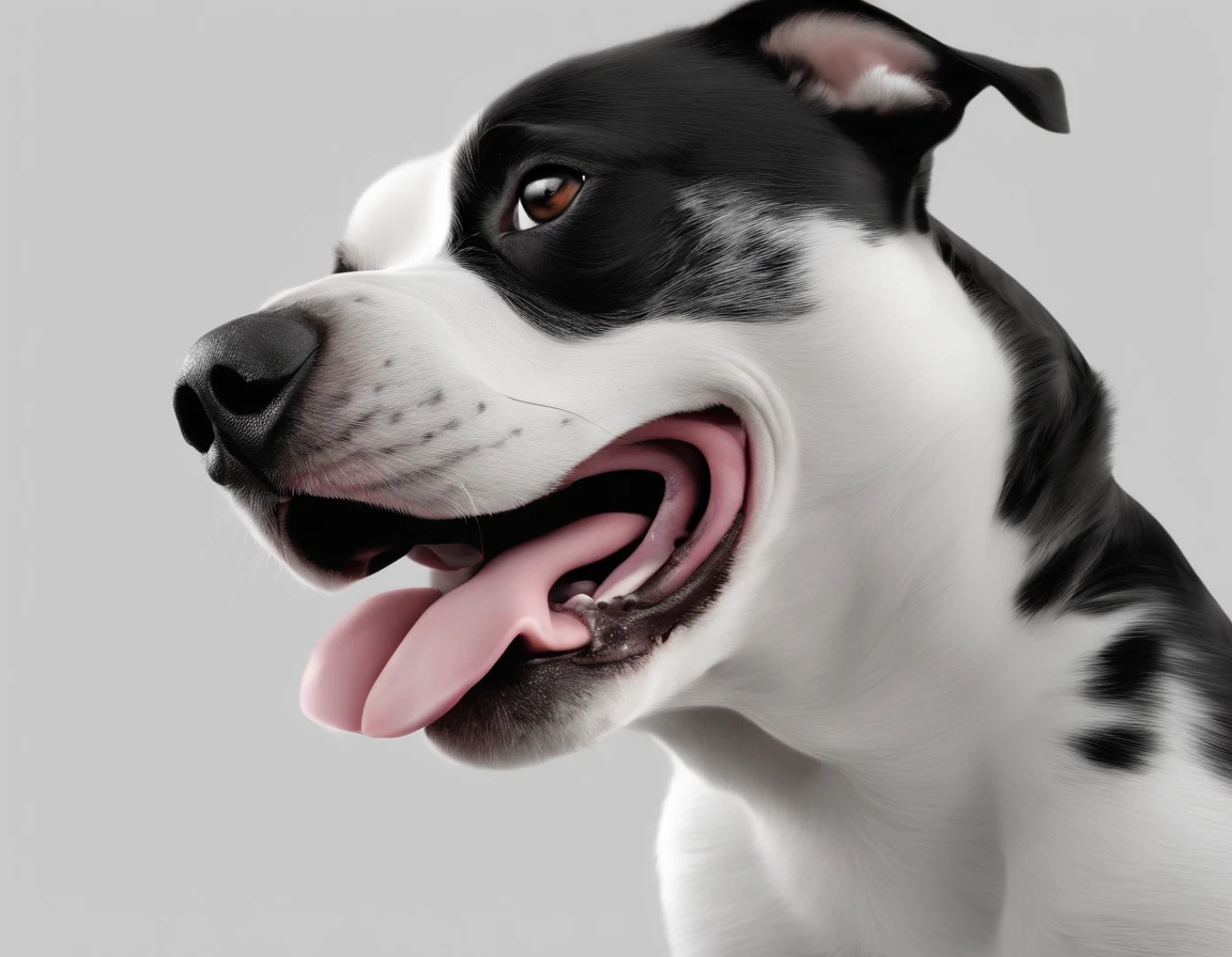 Pixar 3D-style drawing of a dog licking the camera, He's white with black spots, Its face is white with brown spots on both eyes, one of the ears black and white, The tongue is pink and is with the ponta of the tongue in the fucinho that is nearby