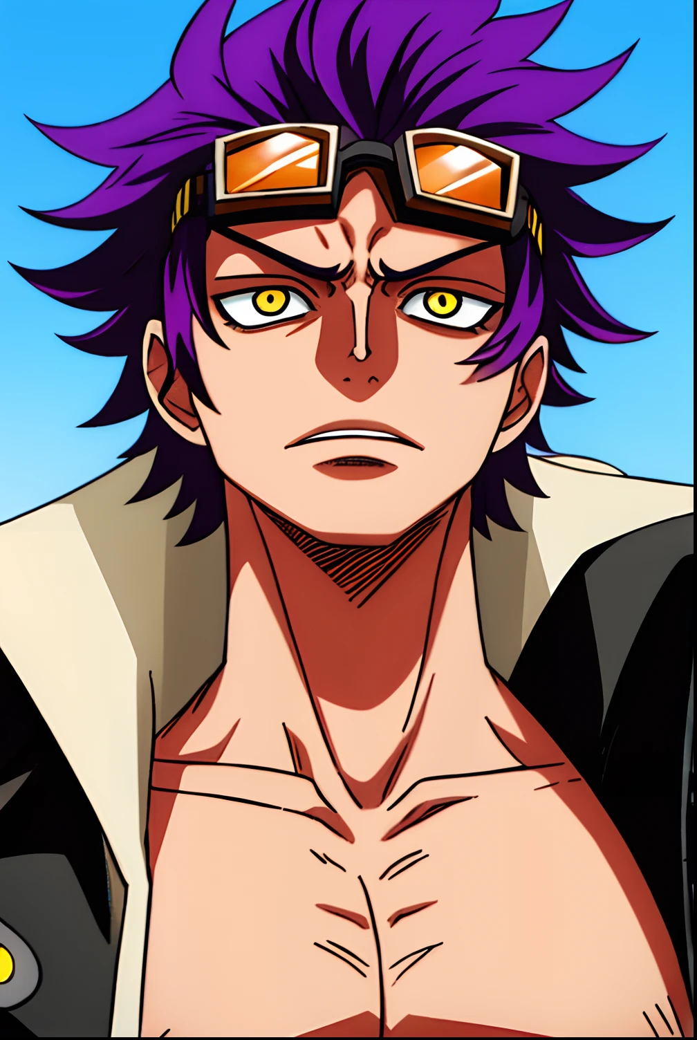 1boy, Gentle, solo, upper body, ((masterpiece)), (best quality), (extremely detailed), depth of field, sketch, dark intense shadows, sharp focus, soft lighting, hdr, slightly colorful, ,good composition, wanostyle , Purple Hair, Eustass Kidd Hair , Eustass ???, Engineer Goggles , Wears goggles on his forehead, Brown Goggles ,Laugh with Mad, Spikey , Pointed Hair ,Cool , Man , Yellow eyes , dark pancho coat , Colorful shirt, one piece , ocean Background. Black haki almost eveywhere , God aura