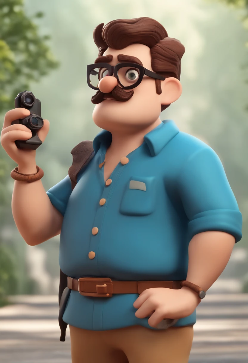 Cartoon character of a man wearing black glasses and a blue shirt, bigode pequeno, holding a camera, um kimono escorado no ombro do personagem, um personagem animado, Caractere estilizado,  animation style rendering, 3D estilizado, Arnold Maya render, 3 d render stylized, toon render keyshot, Personagem 3D, Personagem 3D, 3d rendering stylized, 3 d character render, personagem de desenho animado, Personagem de close up, Pose de personagem,  (Estilo Pixar) (master part:1.2) (Bokeh) (best quality) (pele detalhada) (textura detalhada) (8k) (argila) (Cinematic lighting) (foco nítido