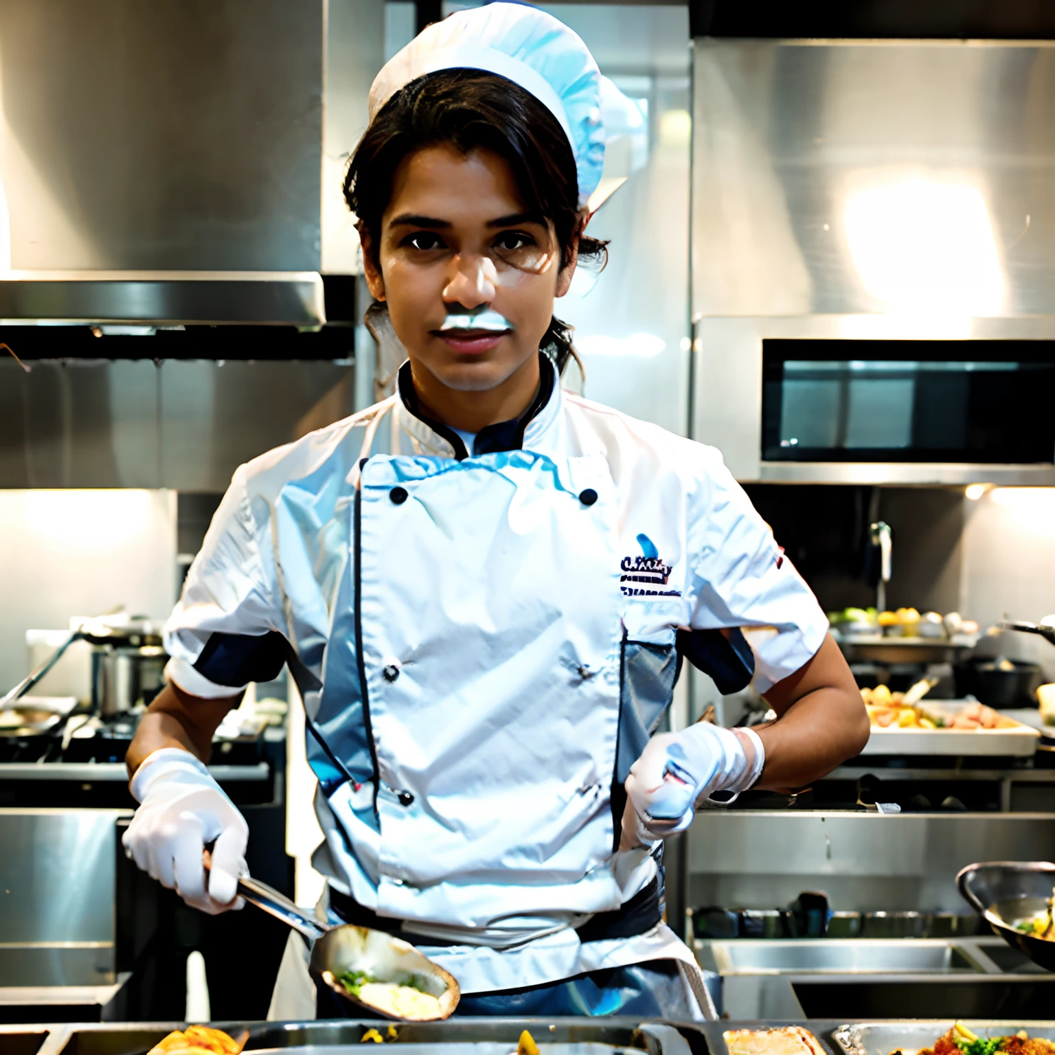 Equipe de chef indiano em frente ao restaurante, 5 Chefs, wearing white chef hat, wear hand gloves, competition winning, Artistic poses, Multiple Chefs, Tema escuro, fundo escuro, It's not brilliant