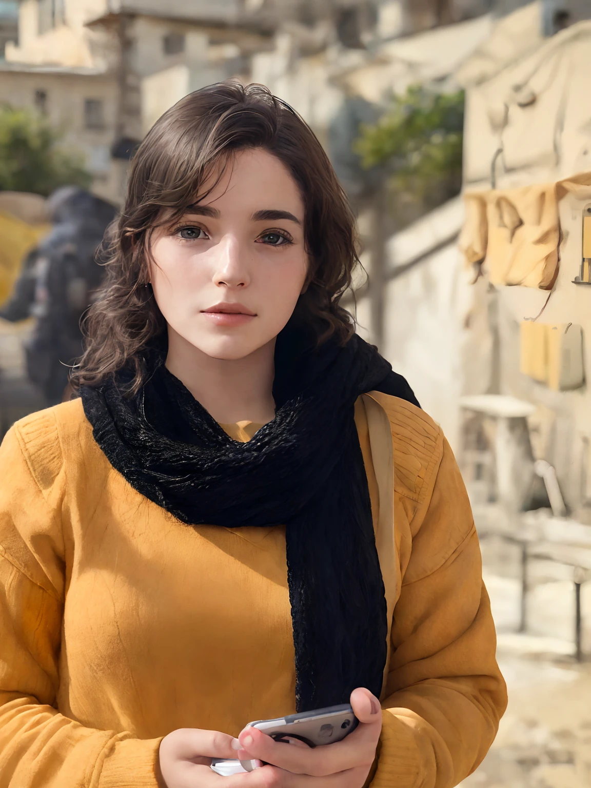 Woman in yellow sweater holding a mobile phone in her hand, Estefania Villegas Burgos, Christina Kritikou, foto da mulher jovem, Madalena Radziej, Directed by: Kristin Nelson, retratado dos ombros para cima, Vannessa Ives, Foto de uma mulher, Jenna Barton, Directed by: Micha Klein, Directed by: Nandor Soldier, Directed by: Kathleen Scott