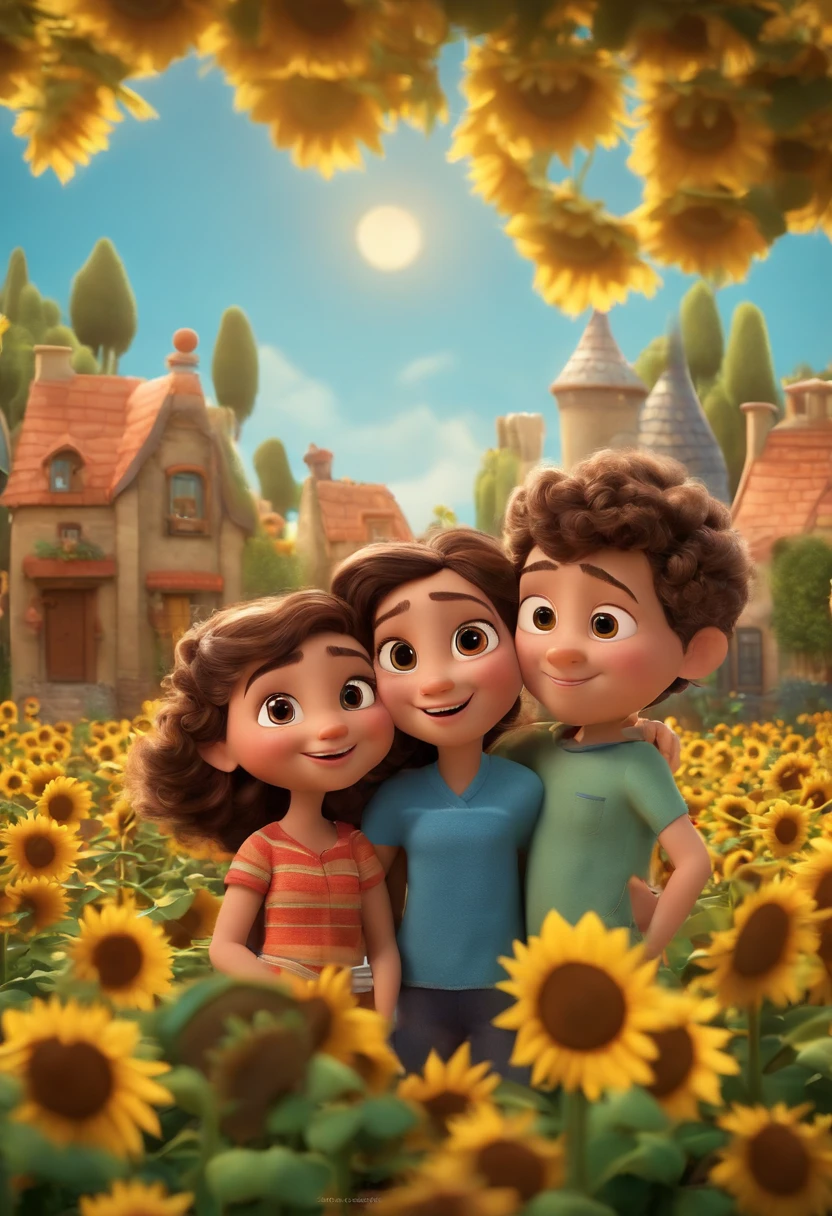 Create a Disney PIXAR-style 3D poster. ((centro da imagem, Triplets)), ((3 children)) ((1 menino no meio e 2 meninas ao lado, They're hugging each other, O menino tem pele castanha e cabelos castanhos escuros e olhos castanhos escuros, 1 menina tem pele clara, olhos e cabelos escuros e cacheados, e a outra menina tem pele morena, olhos escuros e cabelos escuros e lisos)) ((tudo isso no estilo Disney PIXAR 3D, In the background, A house of sunflowers, Gloria Studio, The garden is full of nature 3D render RTX clay material, estilo de design cartunesco, POP Mart, soft lighting, linhas suaves, Spring tilt, Detailed illustrations of PIXAR 3D, Detalhes hiper-realistas, cor quente no estilo Disney PIXAR 3D))