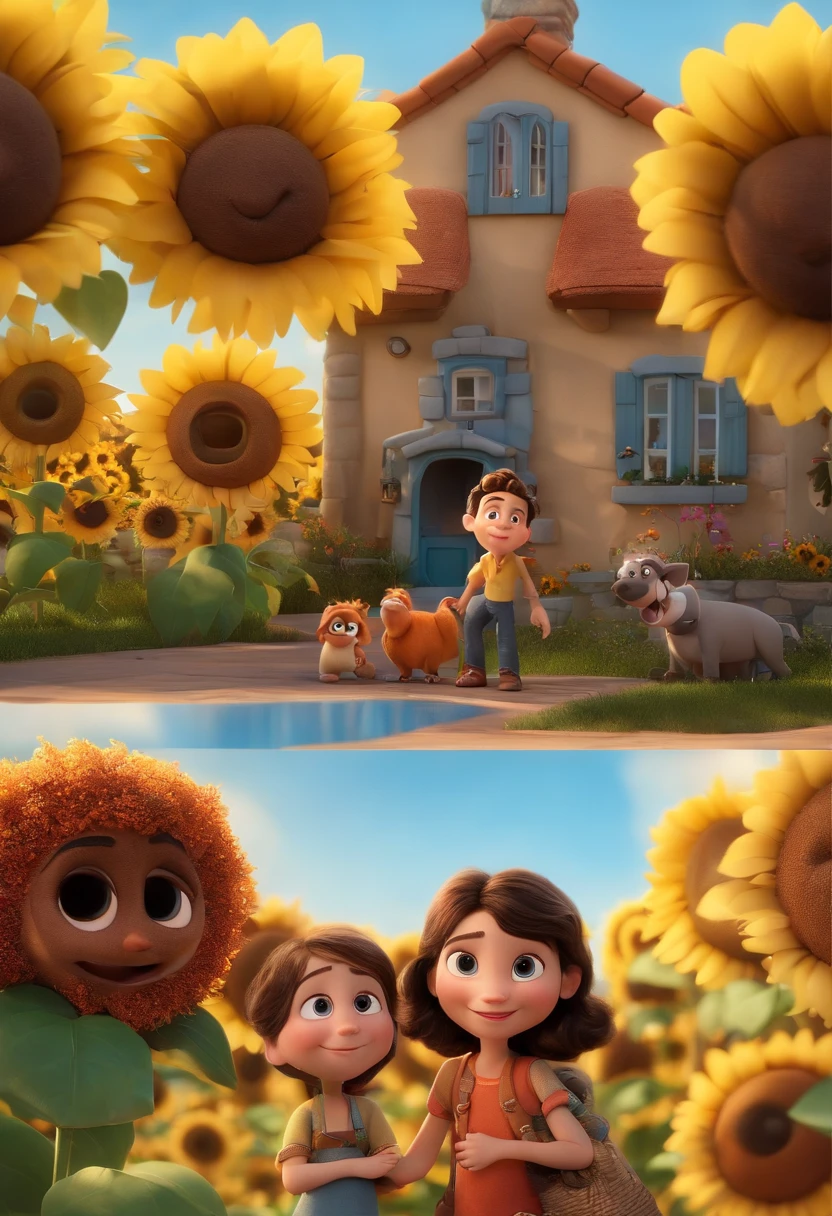 Create a Disney PIXAR-style 3D poster. ((centro da imagem, Triplets)), ((3 )) ((1 menino no meio e 2 meninas ao lado, They're hugging each other, O menino tem pele castanha e cabelos castanhos escuros e olhos castanhos escuros, 1 menina tem pele clara, olhos e cabelos escuros e cacheados, e a outra menina tem pele morena, olhos escuros e cabelos escuros e lisos)) ((tudo isso no estilo Disney PIXAR 3D, In the background, A house of sunflowers, Gloria Studio, The garden is full of nature 3D render RTX clay material, estilo de design cartunesco, POP Mart, soft lighting, linhas suaves, Spring tilt, Detailed illustrations of PIXAR 3D, Detalhes hiper-realistas, cor quente no estilo Disney PIXAR 3D))