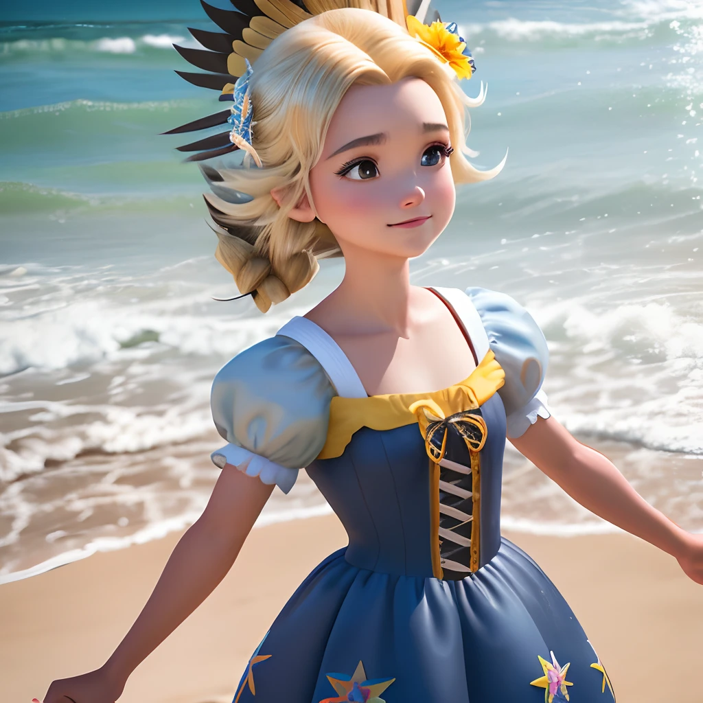 Disney Pixar A Fair Prle Girl, cabelos castanhos, preso, de biquini dourado, com plumas roxas na cabeca, faixa de rainha do bloco xinellis no corpo, de fundo um cenario 3d de uma avenida a beira mar estilo disney pixar